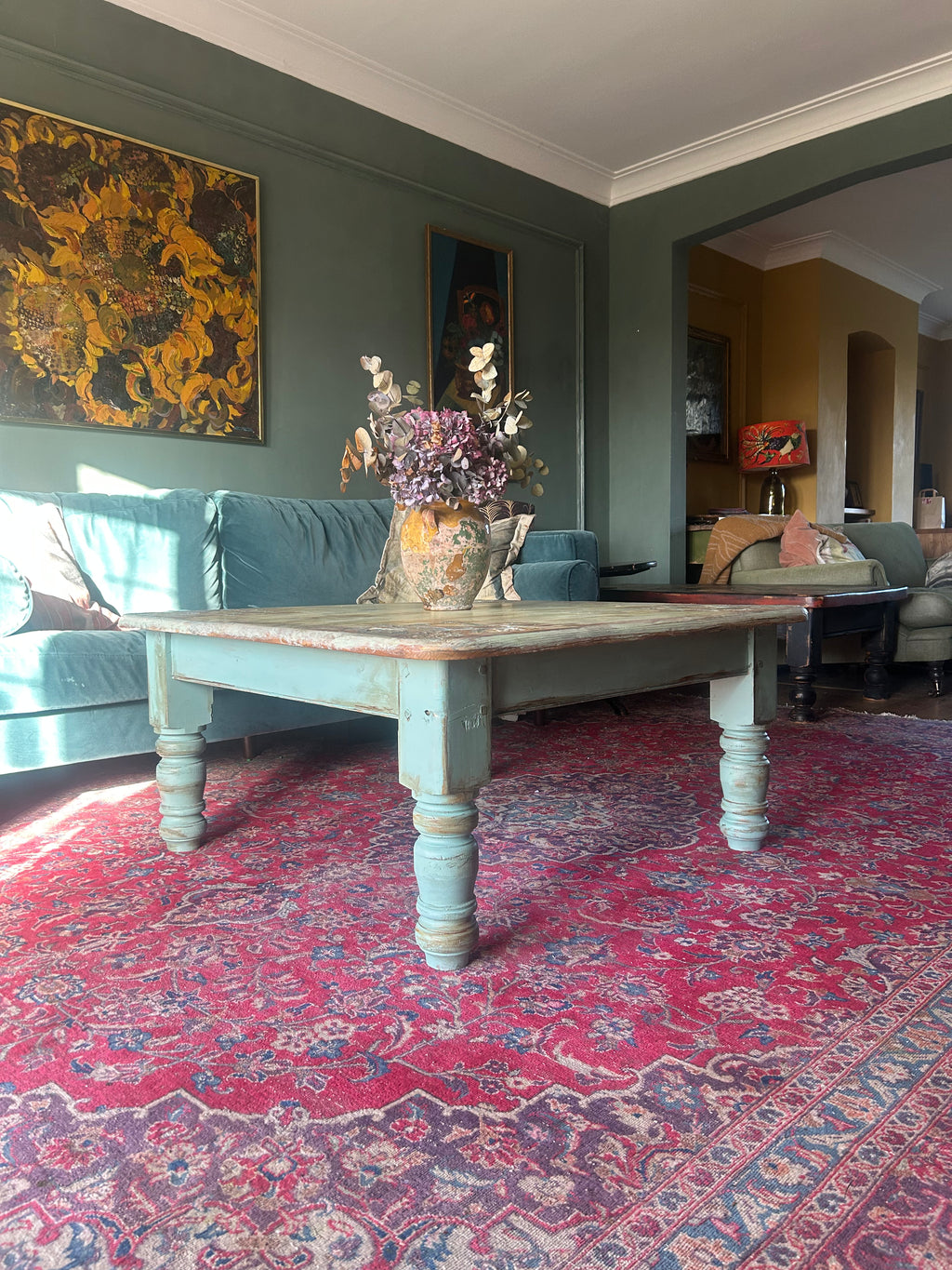 Vintage Painted Pine Coffee Table with Inlaid Design