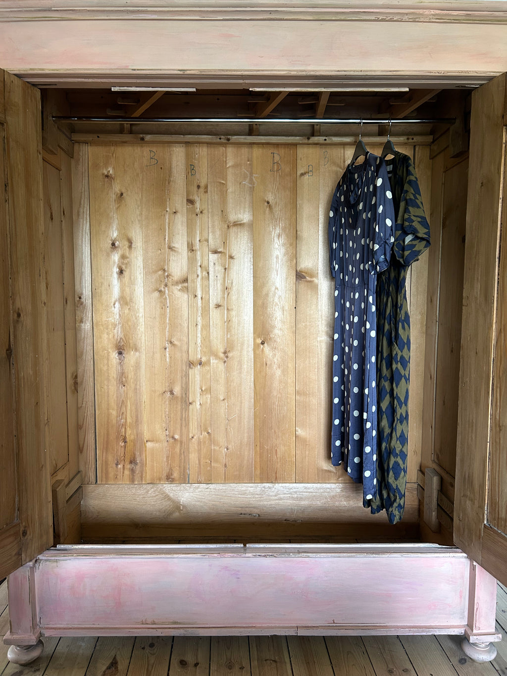 Vintage Painted Pine Wardrobe with Inlaid Chinoiserie