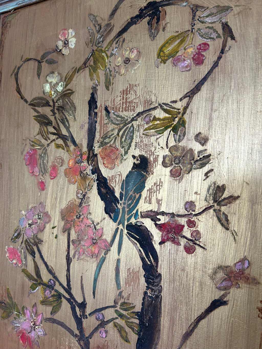 Vintage Painted Pine Wardrobe with Inlaid Chinoiserie