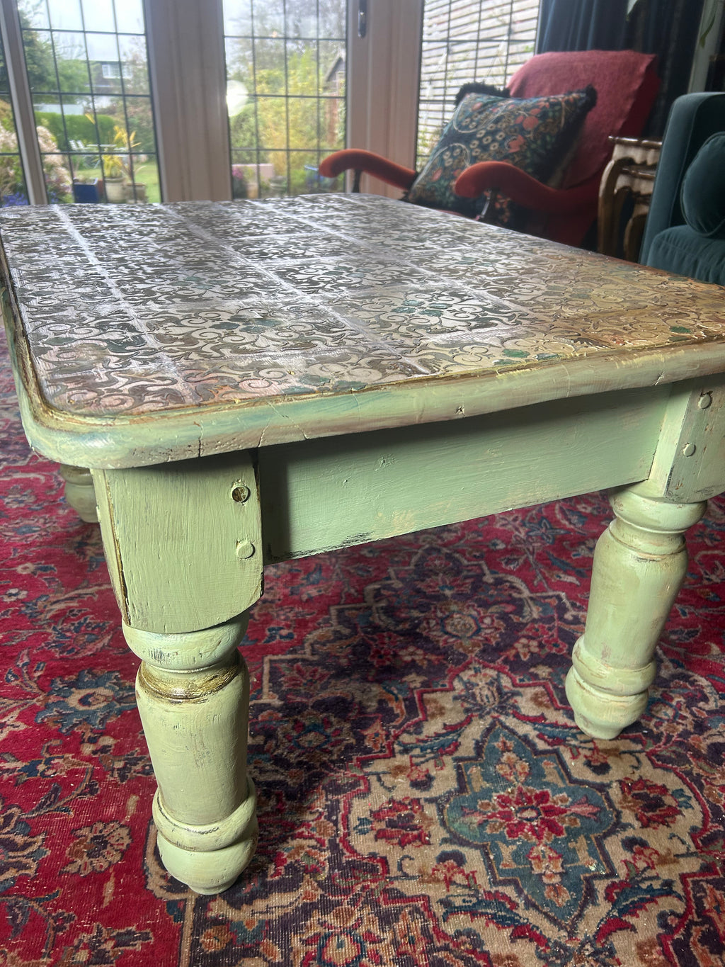 Vintage Painted Pine Coffee Table with Inlaid Design