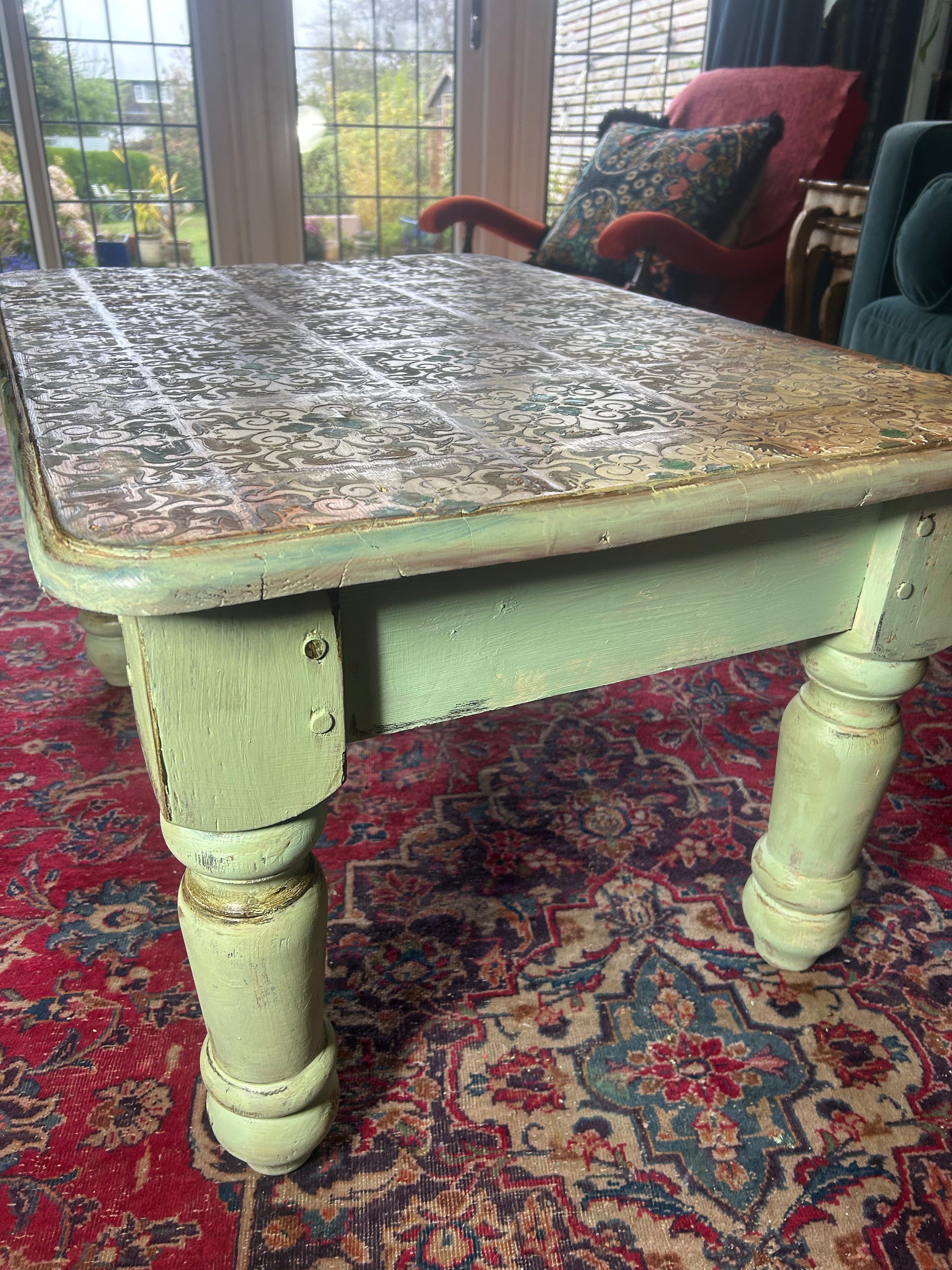 Vintage Painted Pine Coffee Table with Inlaid Design