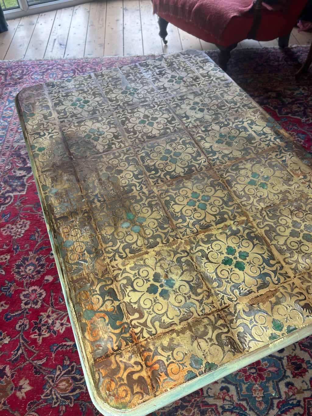 Vintage Painted Pine Coffee Table with Inlaid Design