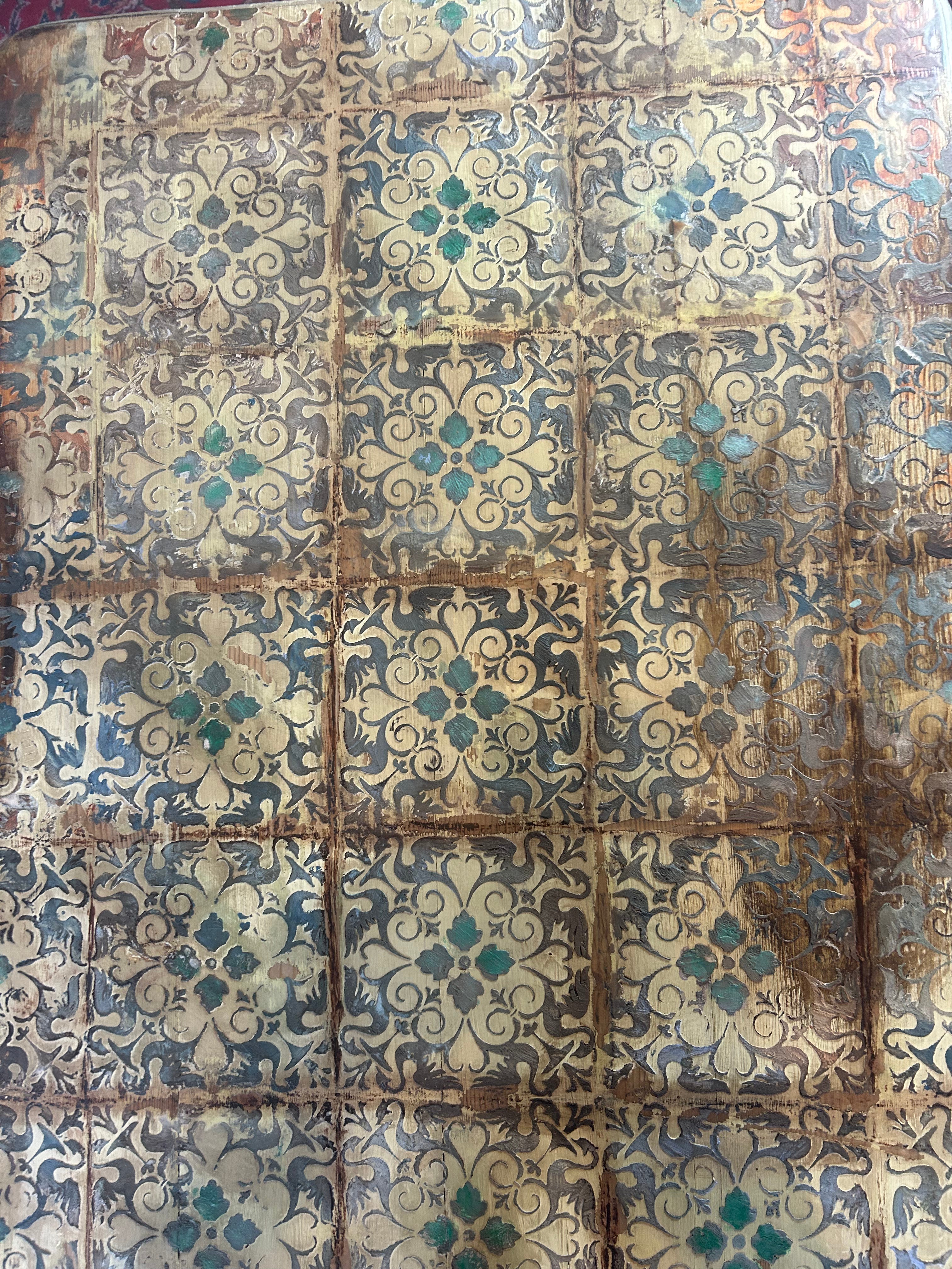 Vintage Painted Pine Coffee Table with Inlaid Design