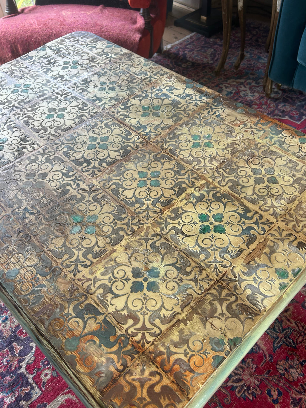 Vintage Painted Pine Coffee Table with Inlaid Design