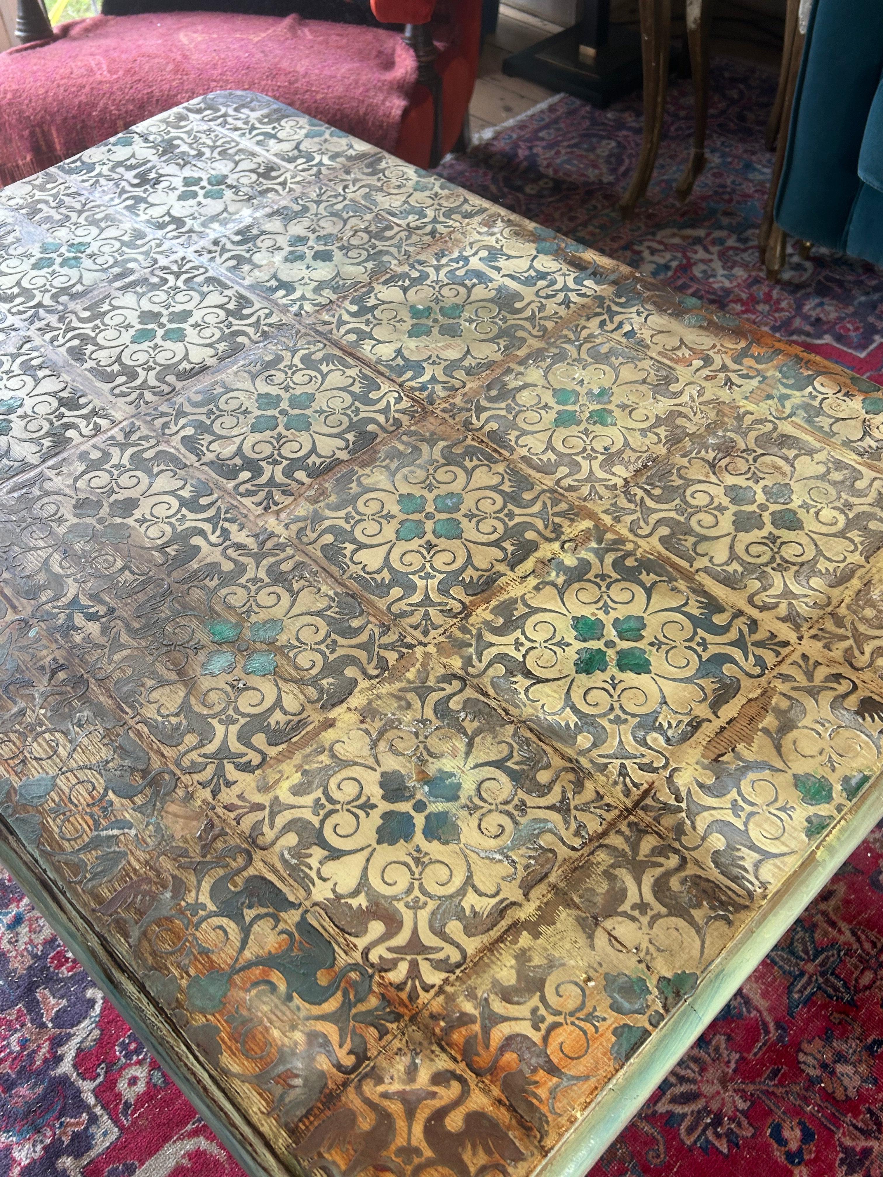 Vintage Painted Pine Coffee Table with Inlaid Design