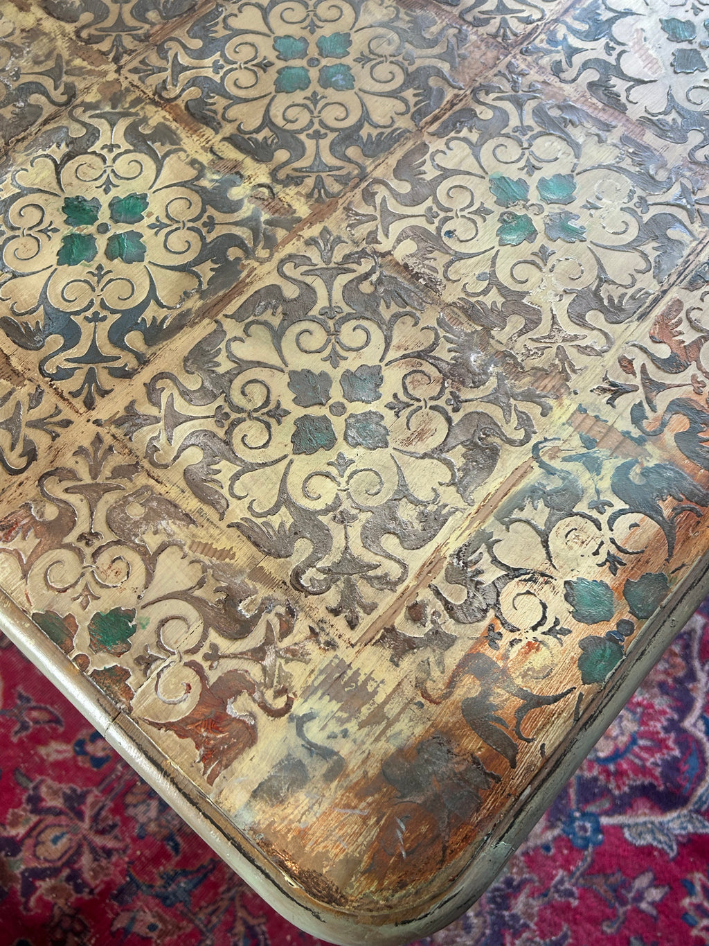 Vintage Painted Pine Coffee Table with Inlaid Design