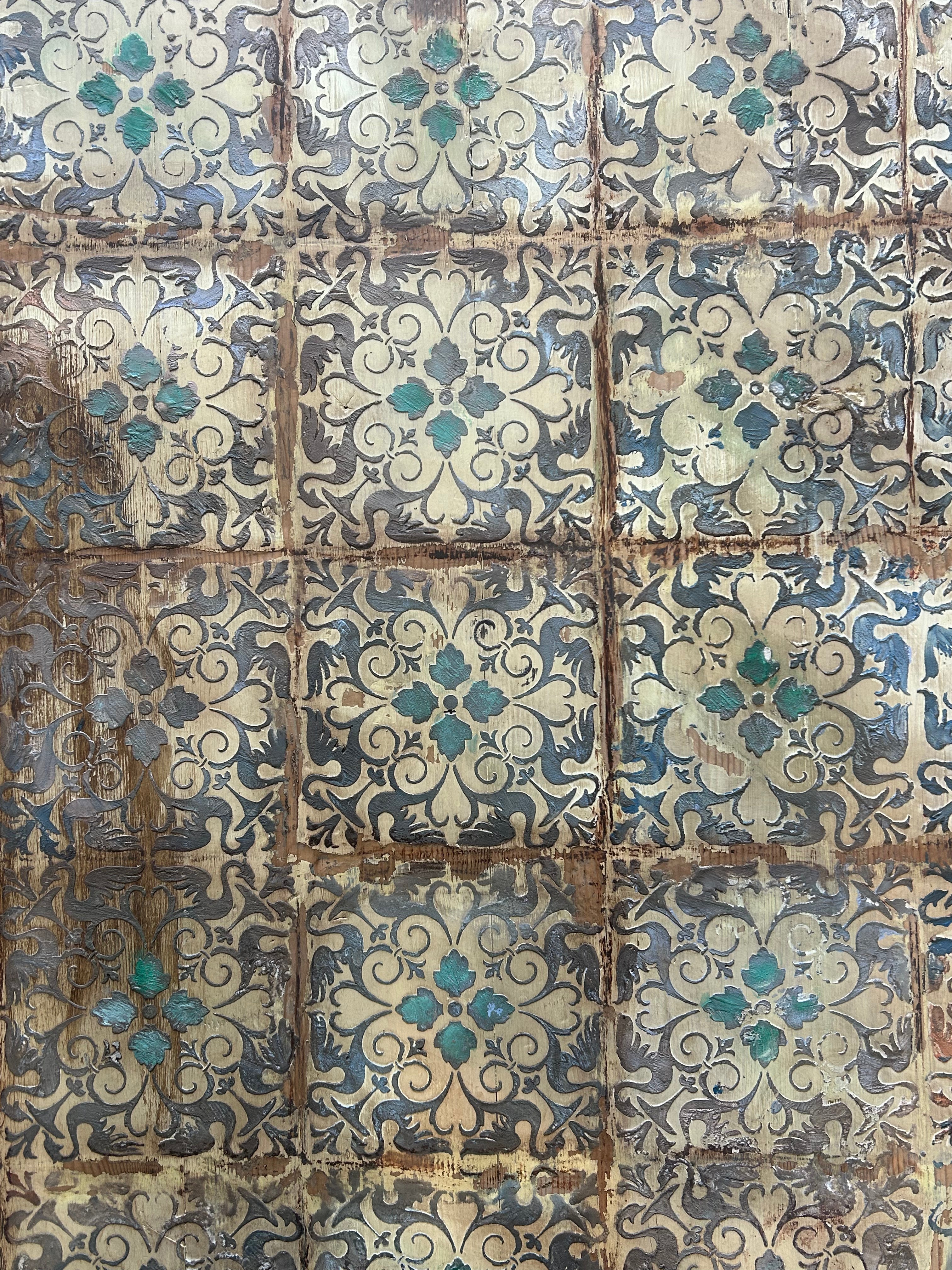 Vintage Painted Pine Coffee Table with Inlaid Design