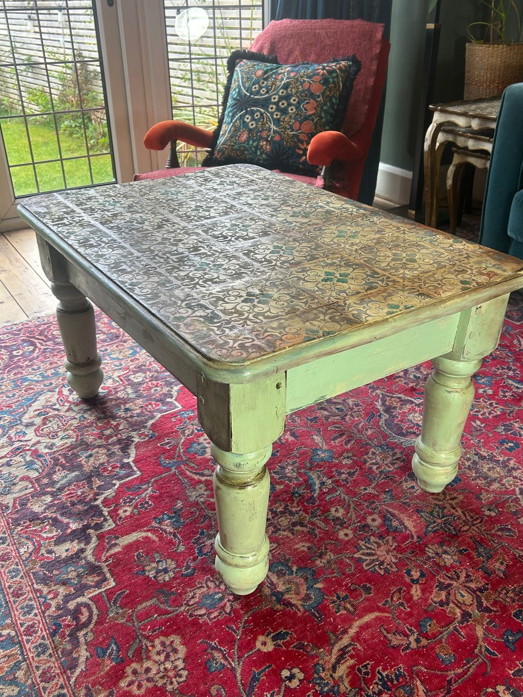 Vintage Painted Pine Coffee Table with Inlaid Design