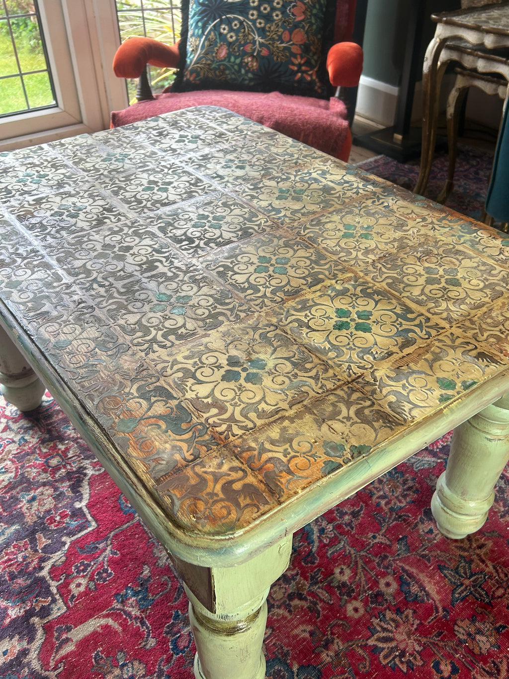 Vintage Painted Pine Coffee Table with Inlaid Design