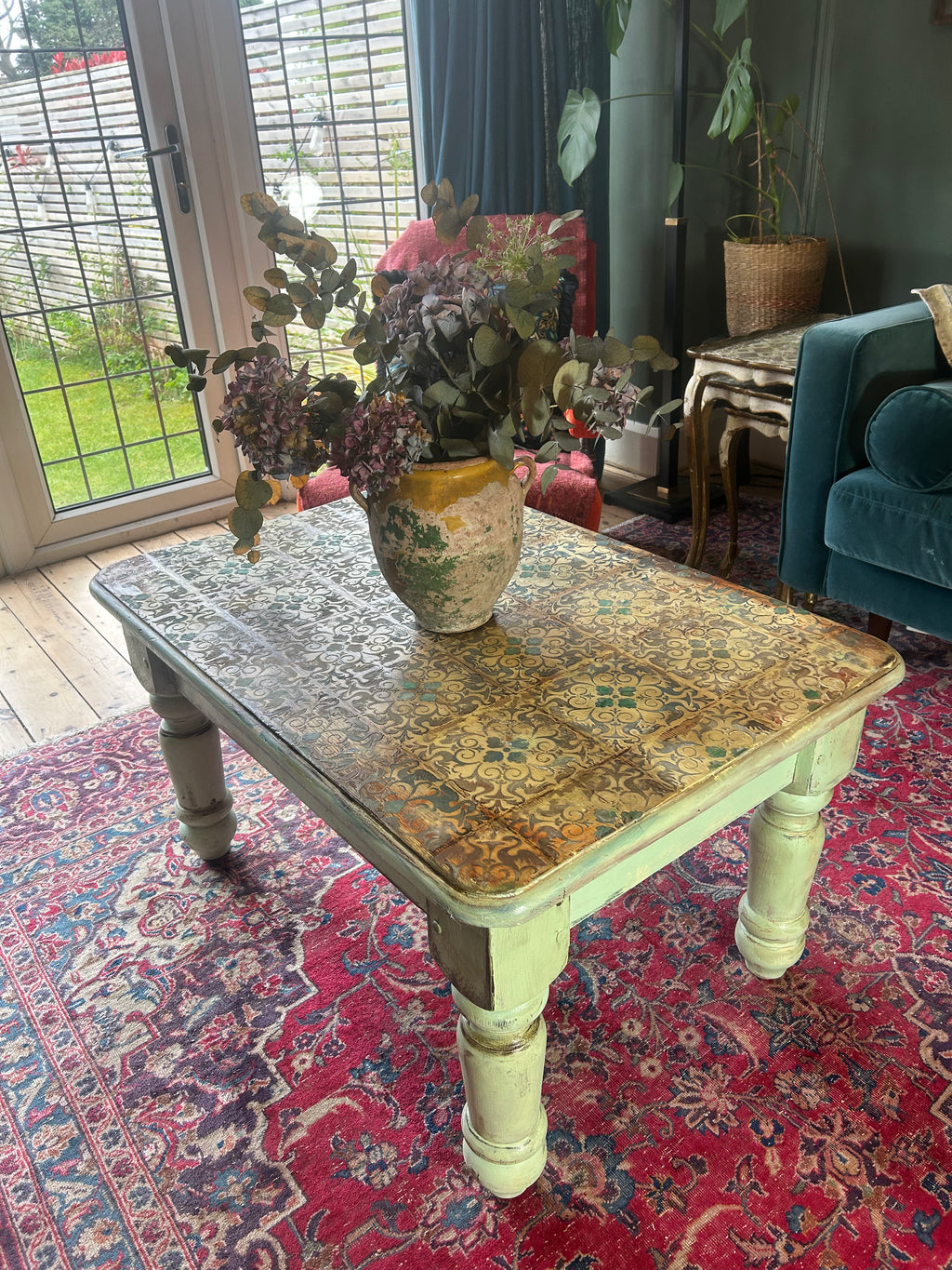 Vintage Painted Pine Coffee Table with Inlaid Design