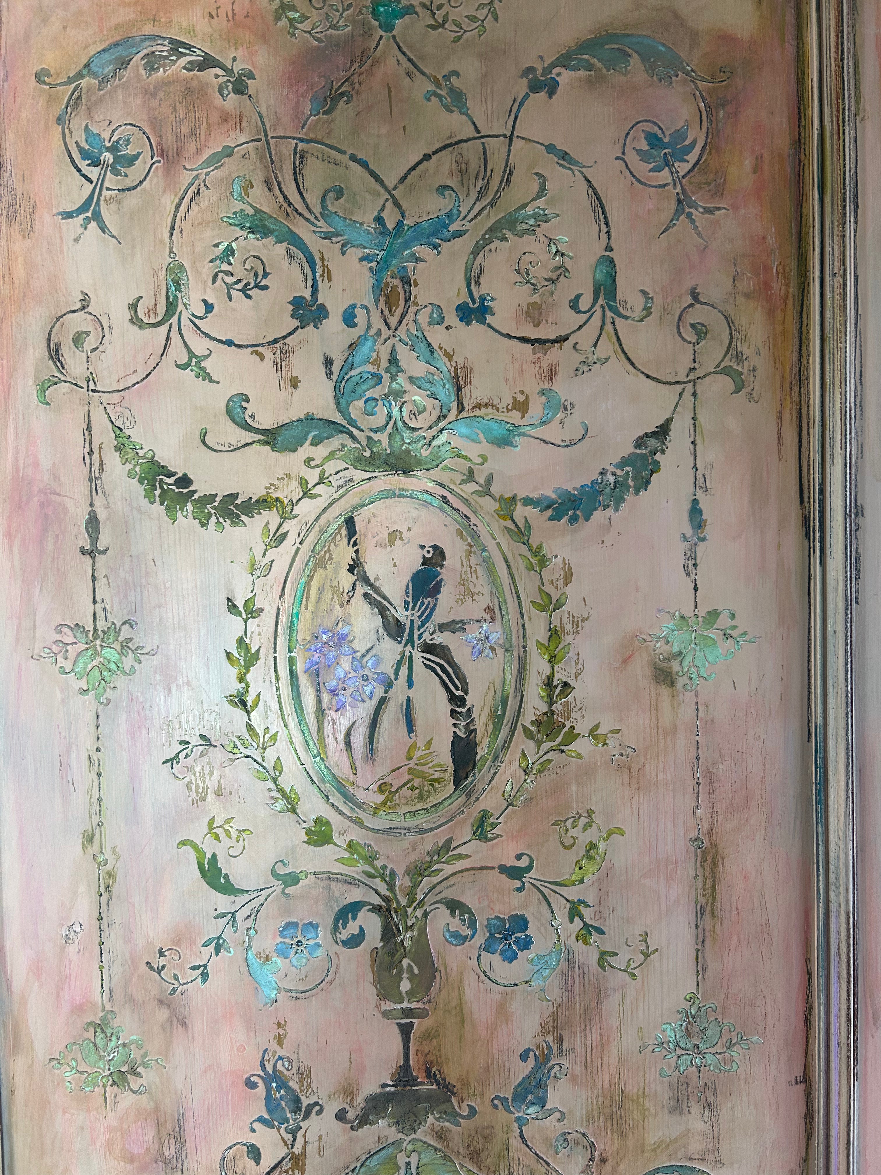 Painted Pine Wardrobe/Cupboard with Inlaid Panel