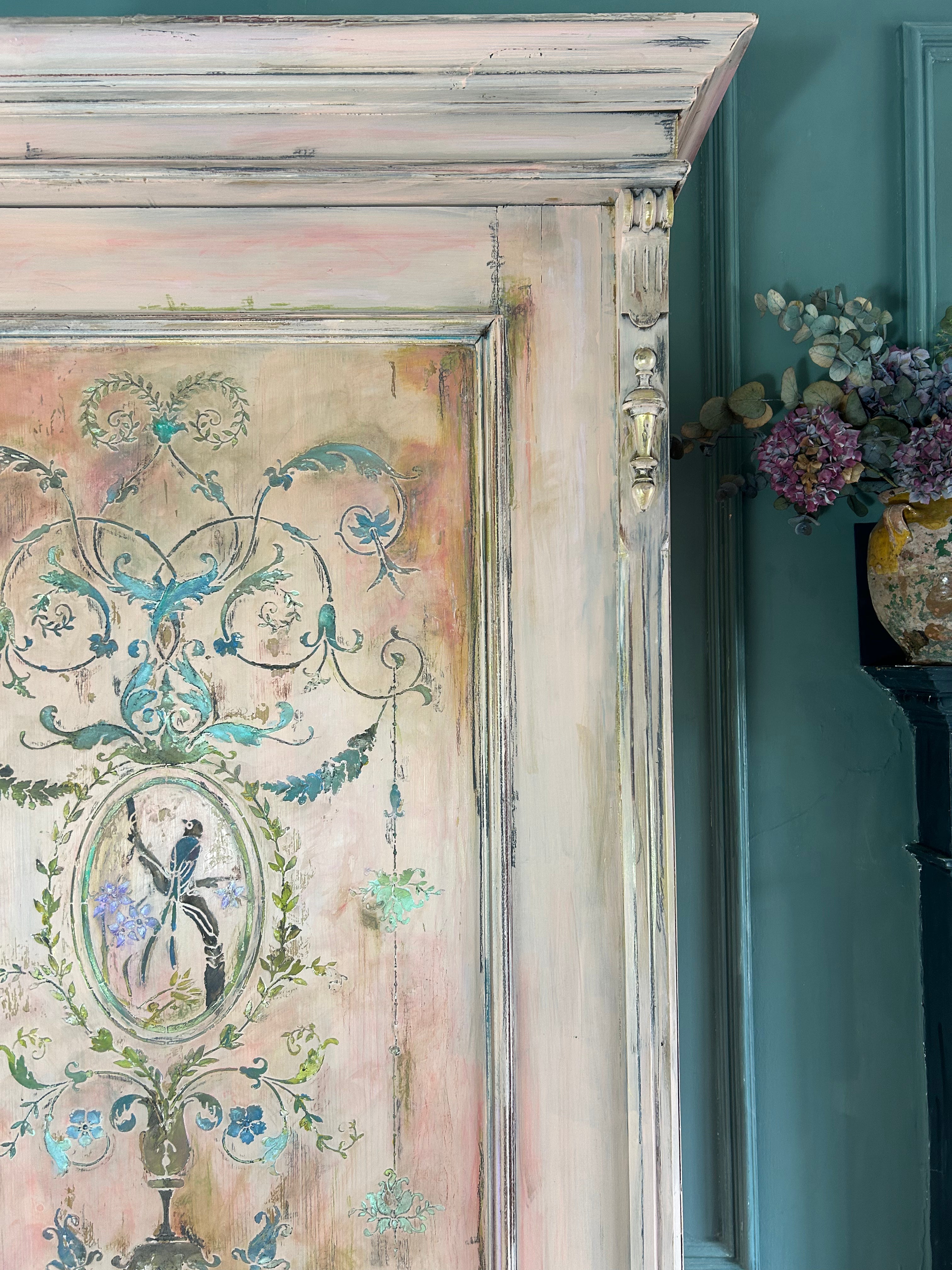 Painted Pine Wardrobe/Cupboard with Inlaid Panel