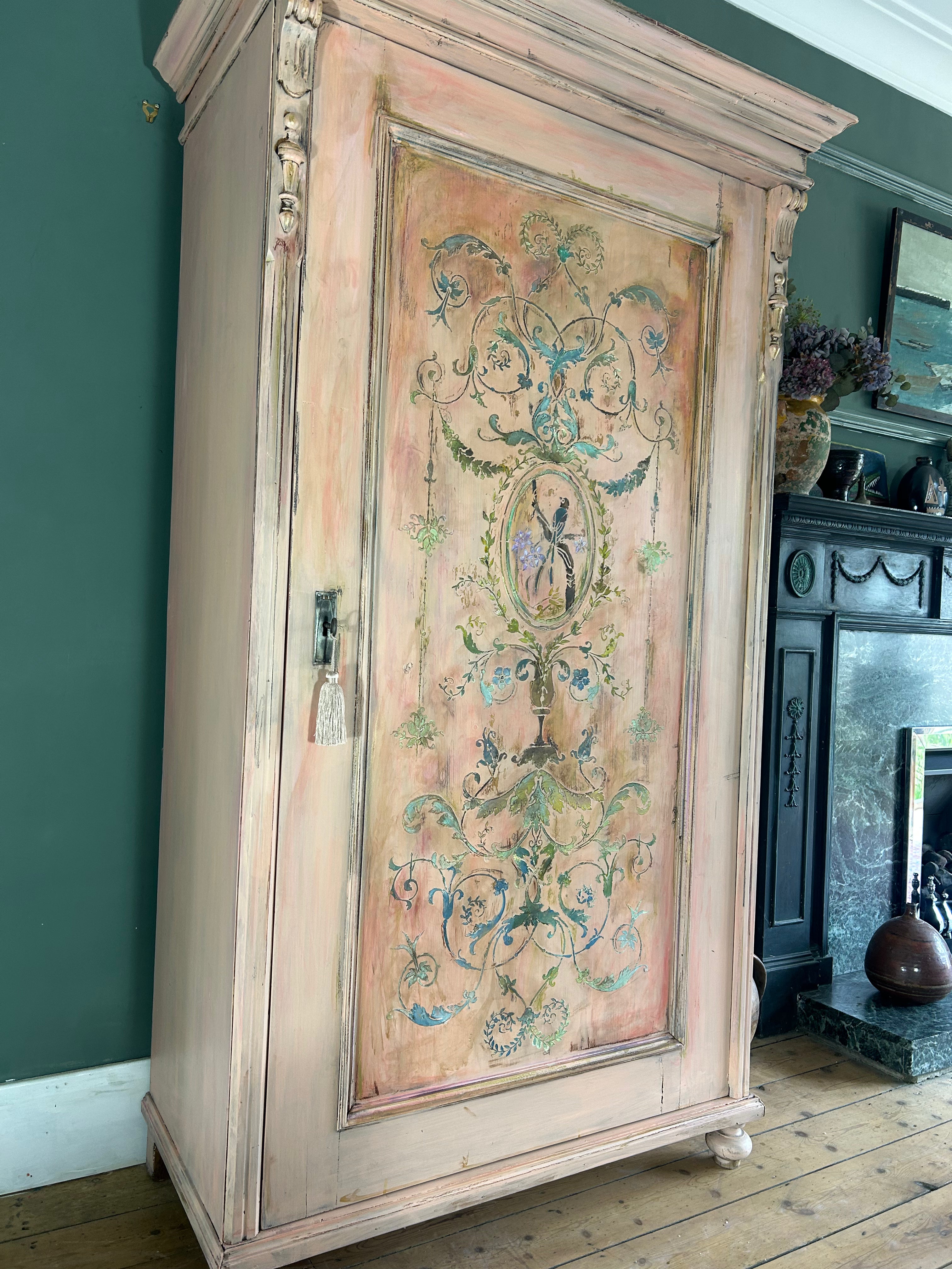 Painted Pine Wardrobe/Cupboard with Inlaid Panel