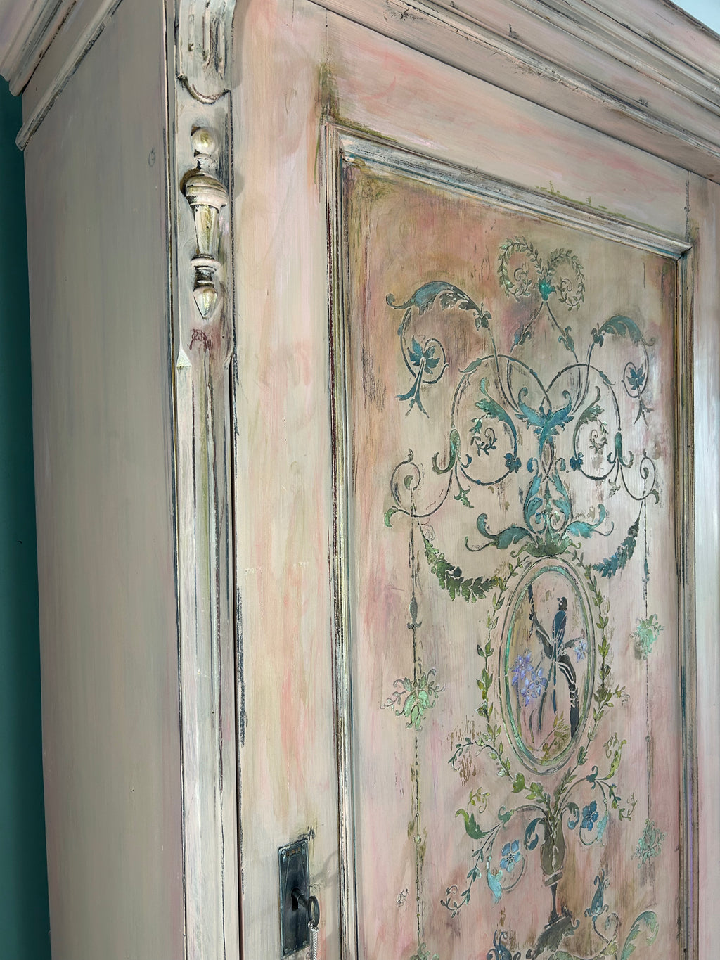 Painted Pine Wardrobe/Cupboard with Inlaid Panel
