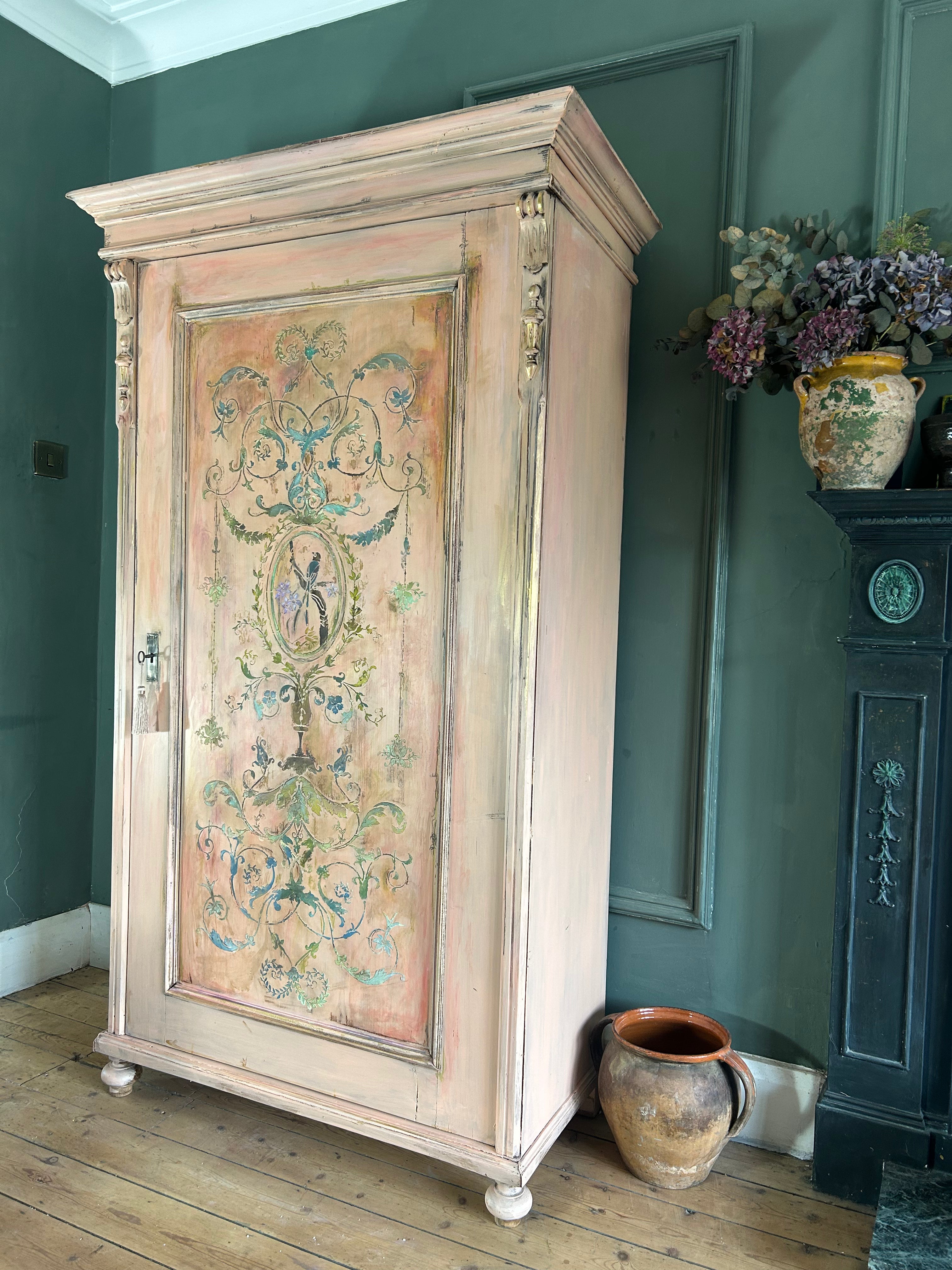 Painted Pine Wardrobe/Cupboard with Inlaid Panel