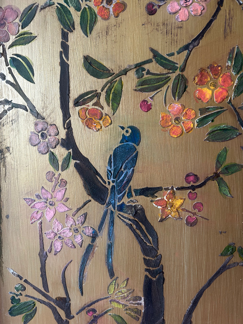 Vintage Painted Pine Wardrobe/Armoire with Inlaid Chinoiserie Panels