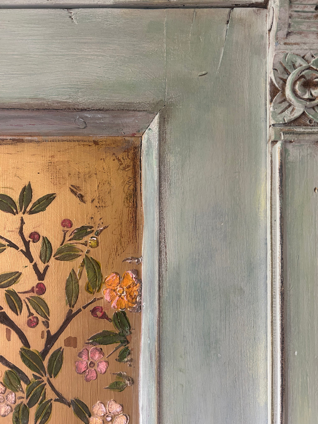 Vintage Painted Pine Wardrobe/Armoire with Inlaid Chinoiserie Panels