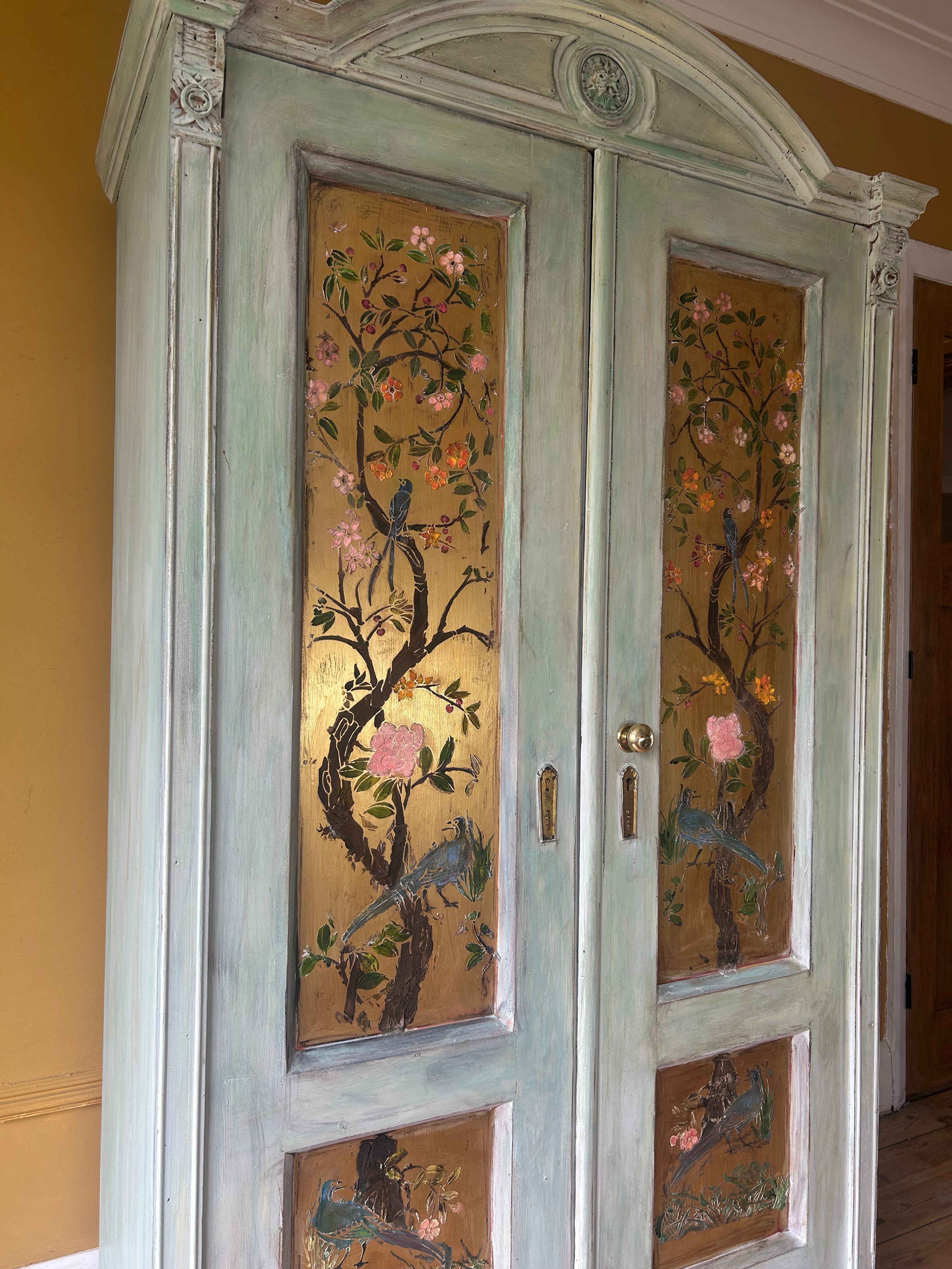 Vintage Painted Pine Wardrobe/Armoire with Inlaid Chinoiserie Panels