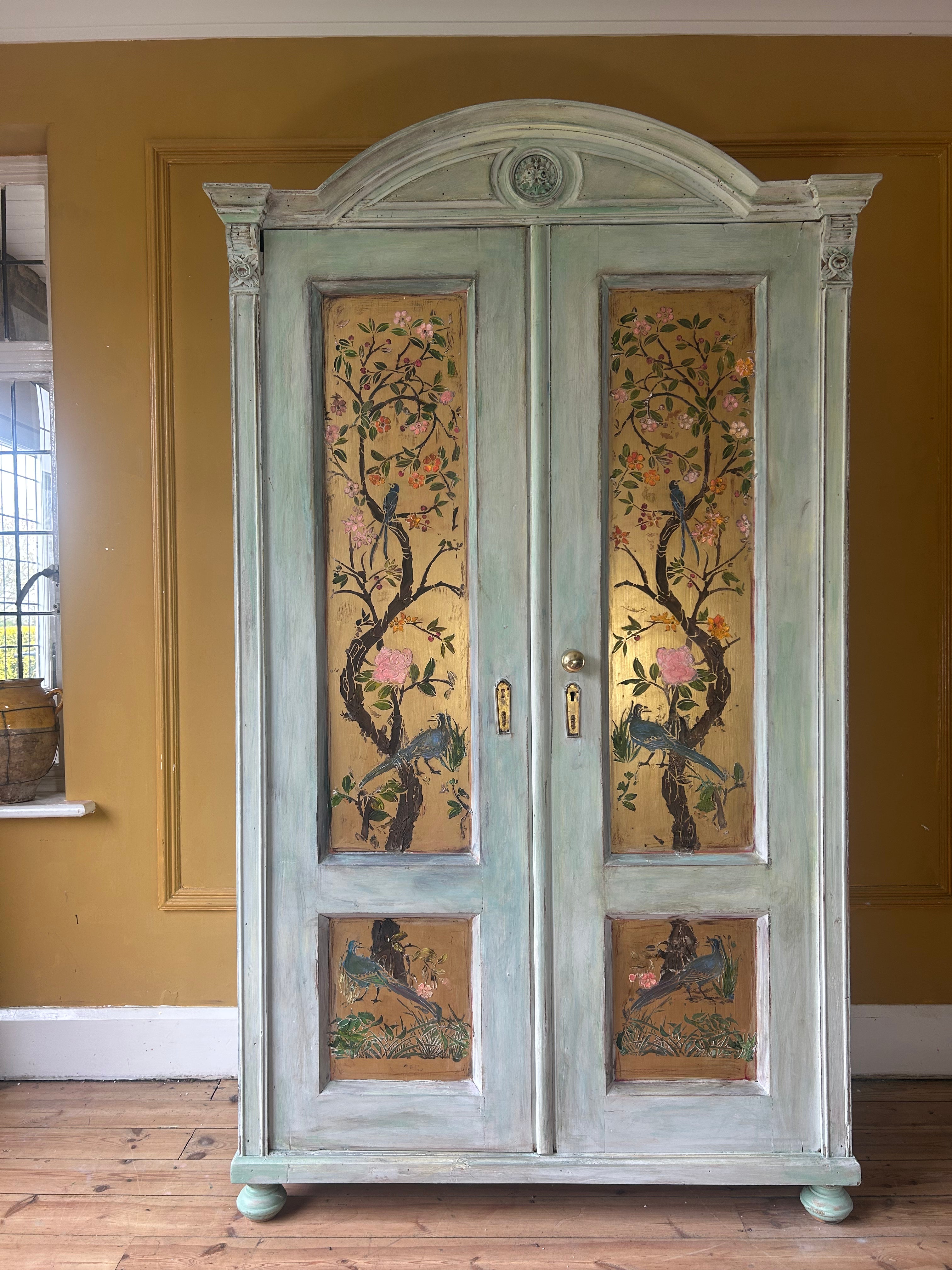 Vintage Painted Pine Wardrobe/Armoire with Inlaid Chinoiserie Panels