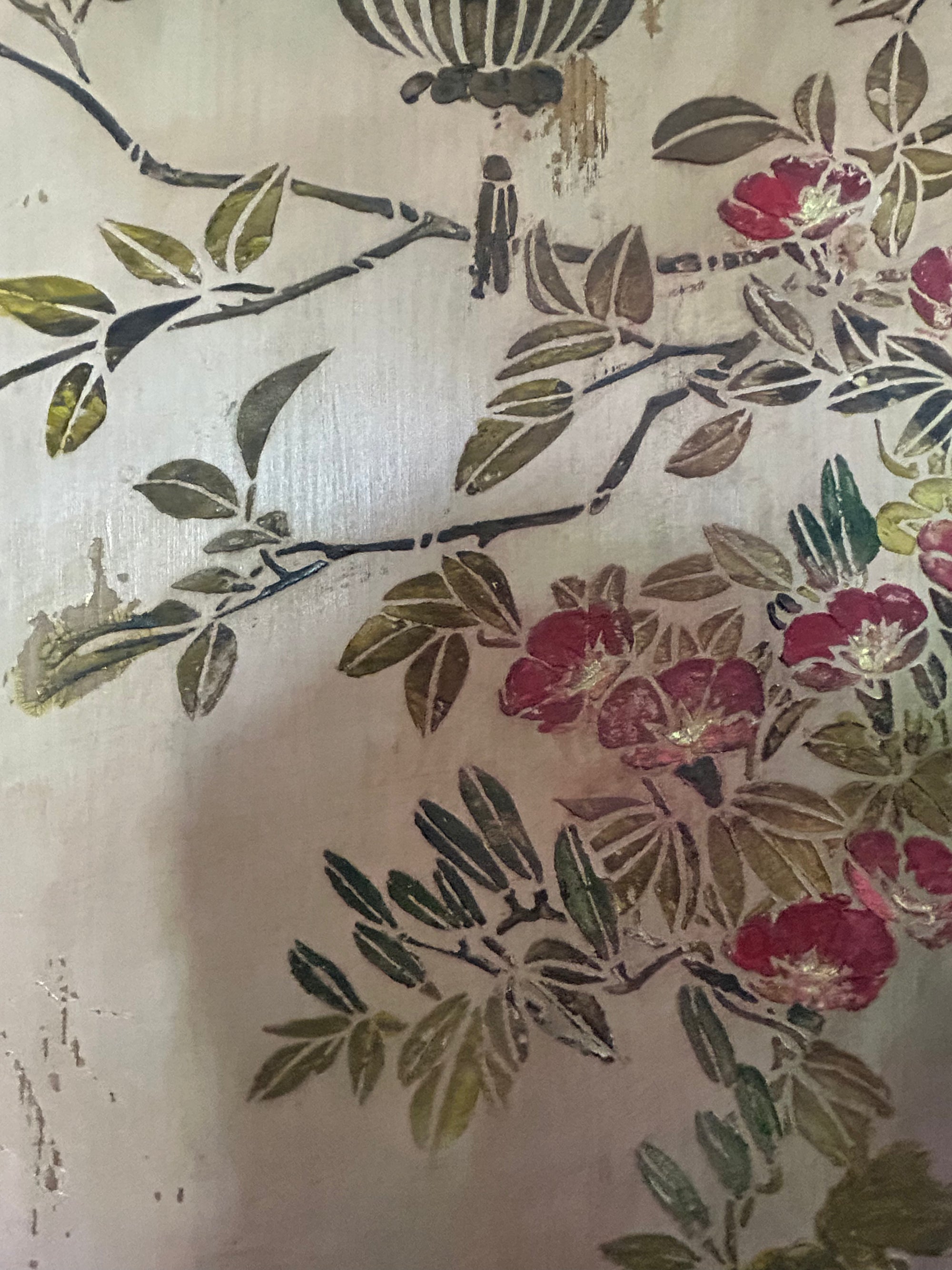 Vintage Painted Pine Double Wardrobe with Inlaid Chinoiserie