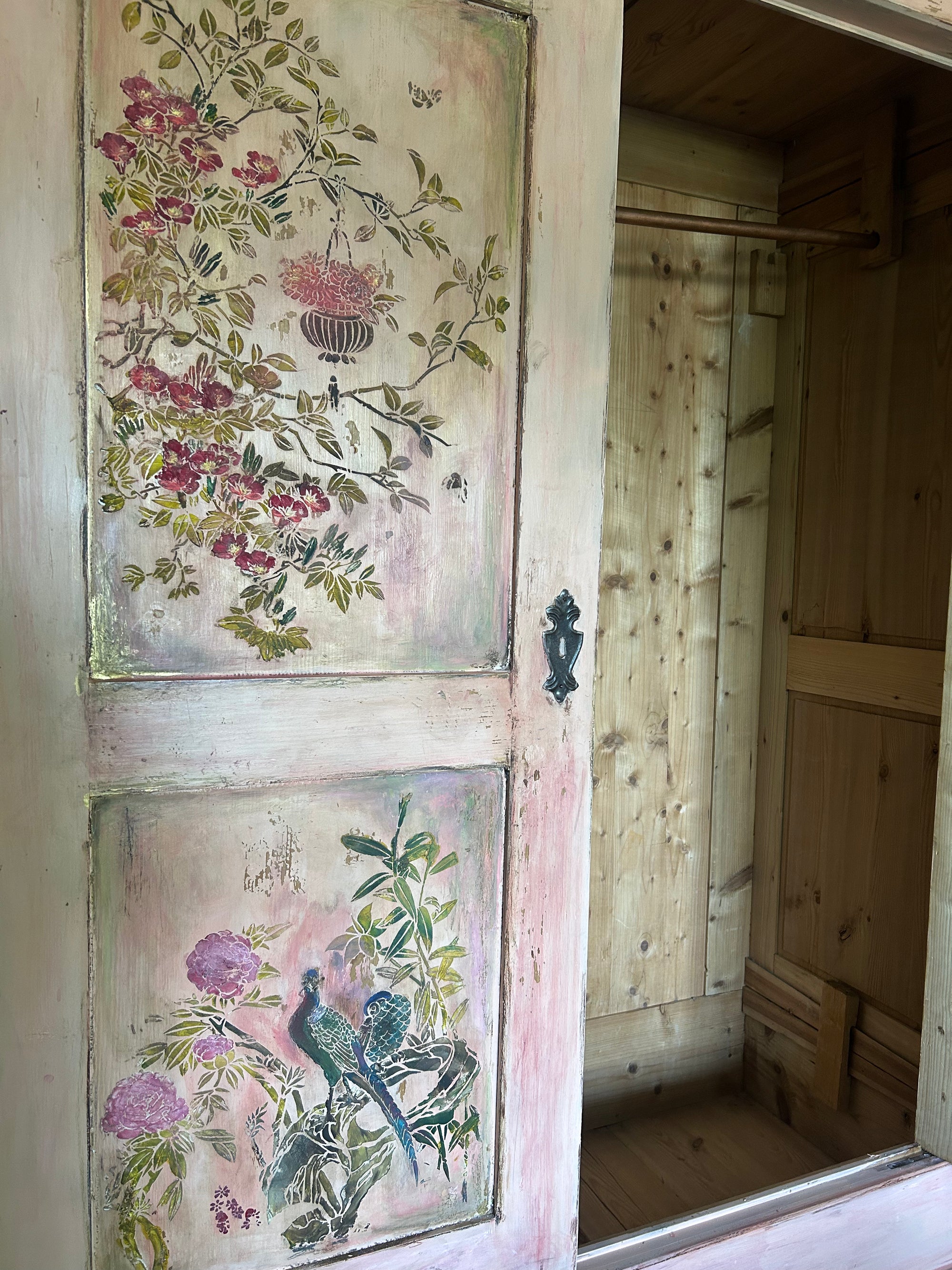 Vintage Painted Pine Double Wardrobe with Inlaid Chinoiserie