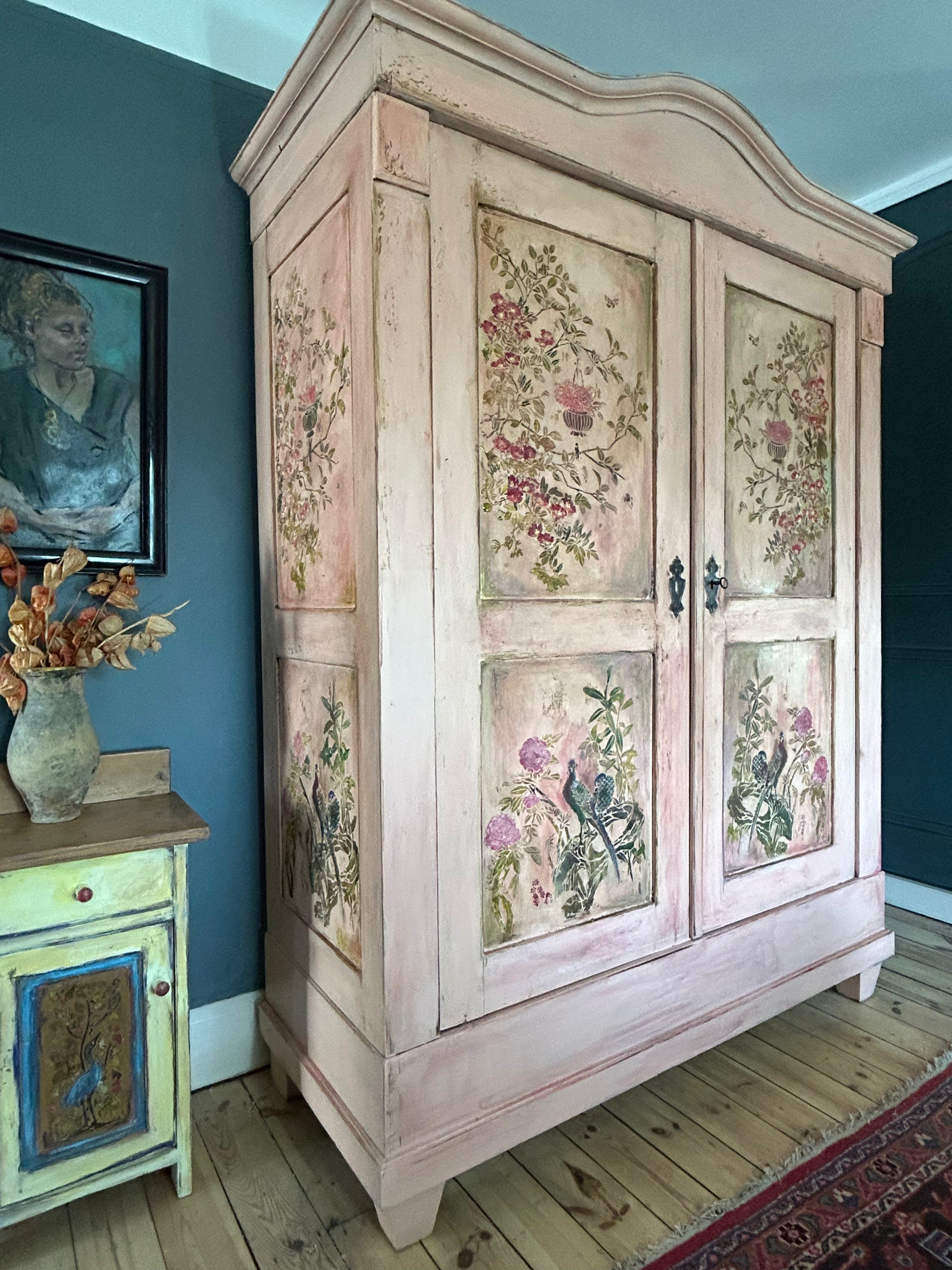 Vintage Painted Pine Double Wardrobe with Inlaid Chinoiserie