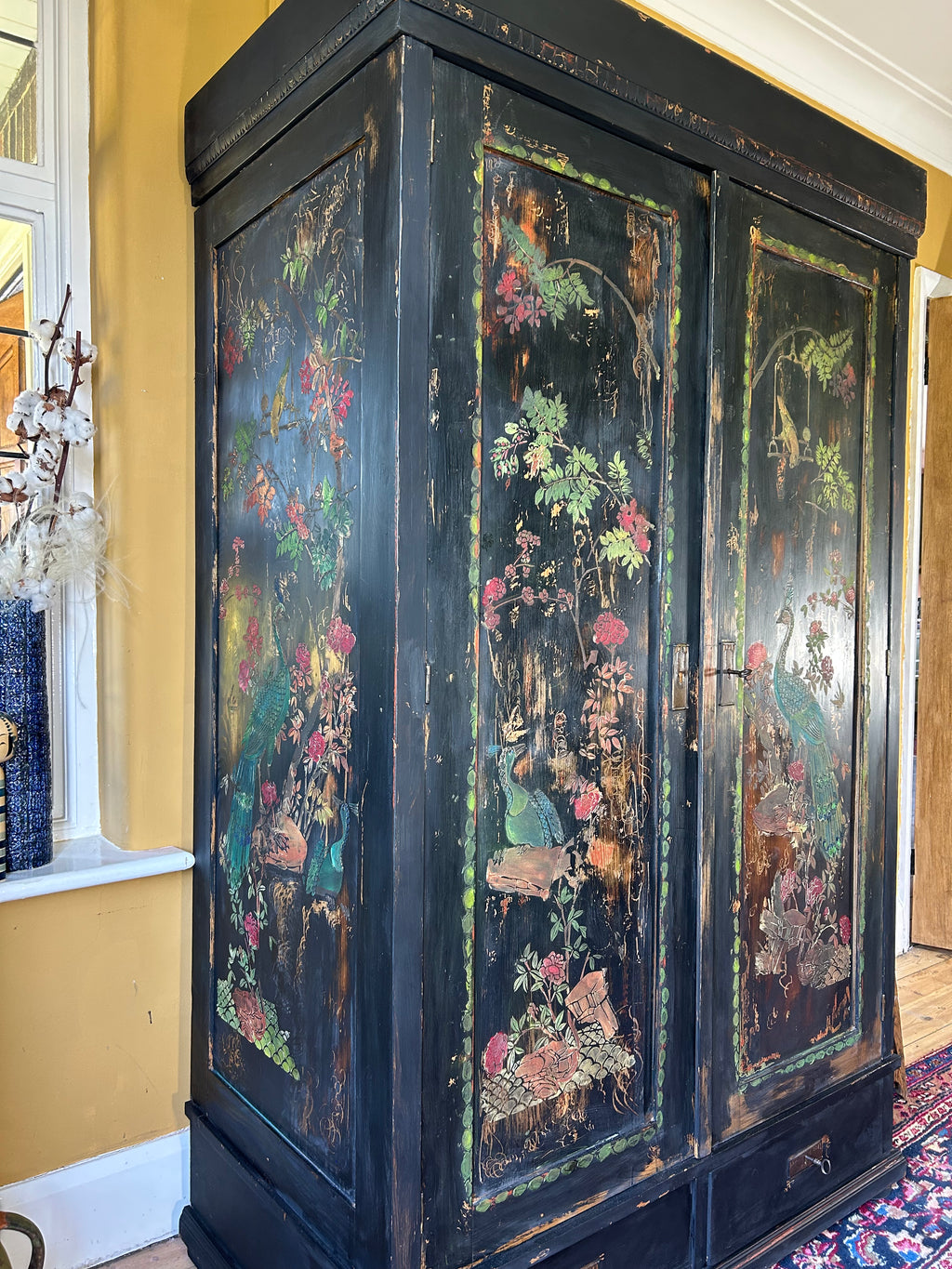 Vintage Painted Pine Wardrobe with Inlaid Chinoiserie