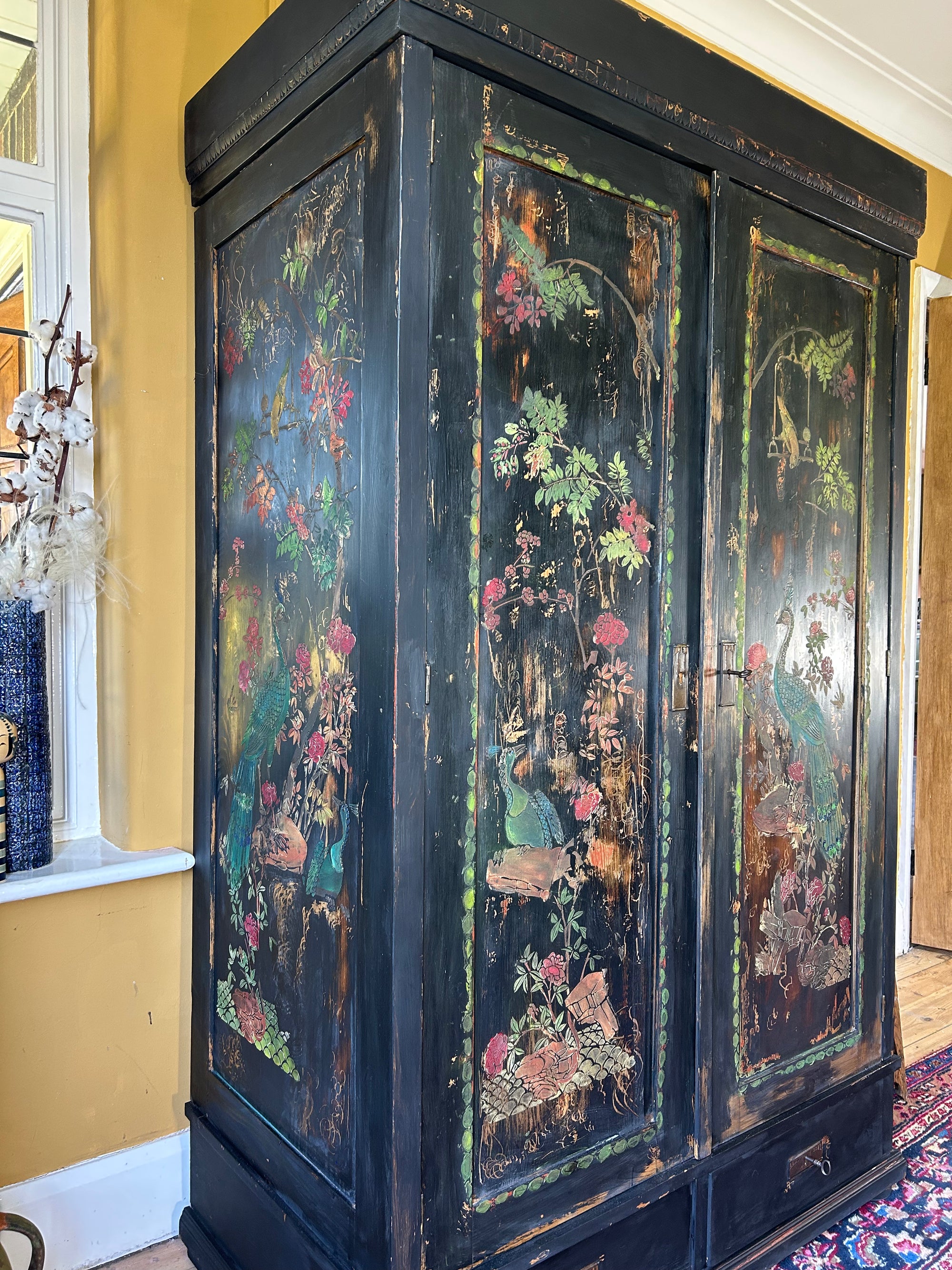Vintage Painted Pine Wardrobe with Inlaid Chinoiserie