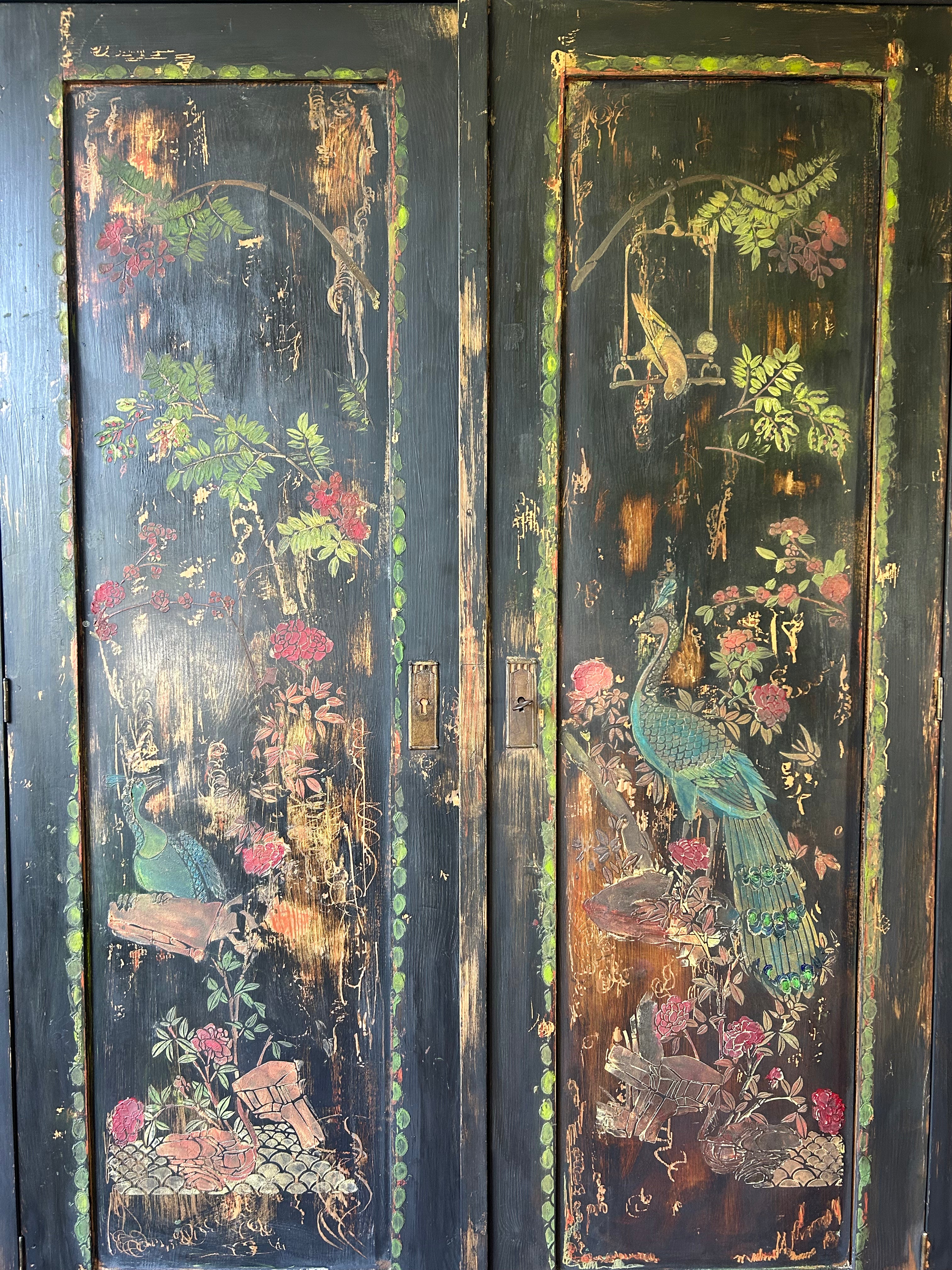 Vintage Painted Pine Wardrobe with Inlaid Chinoiserie