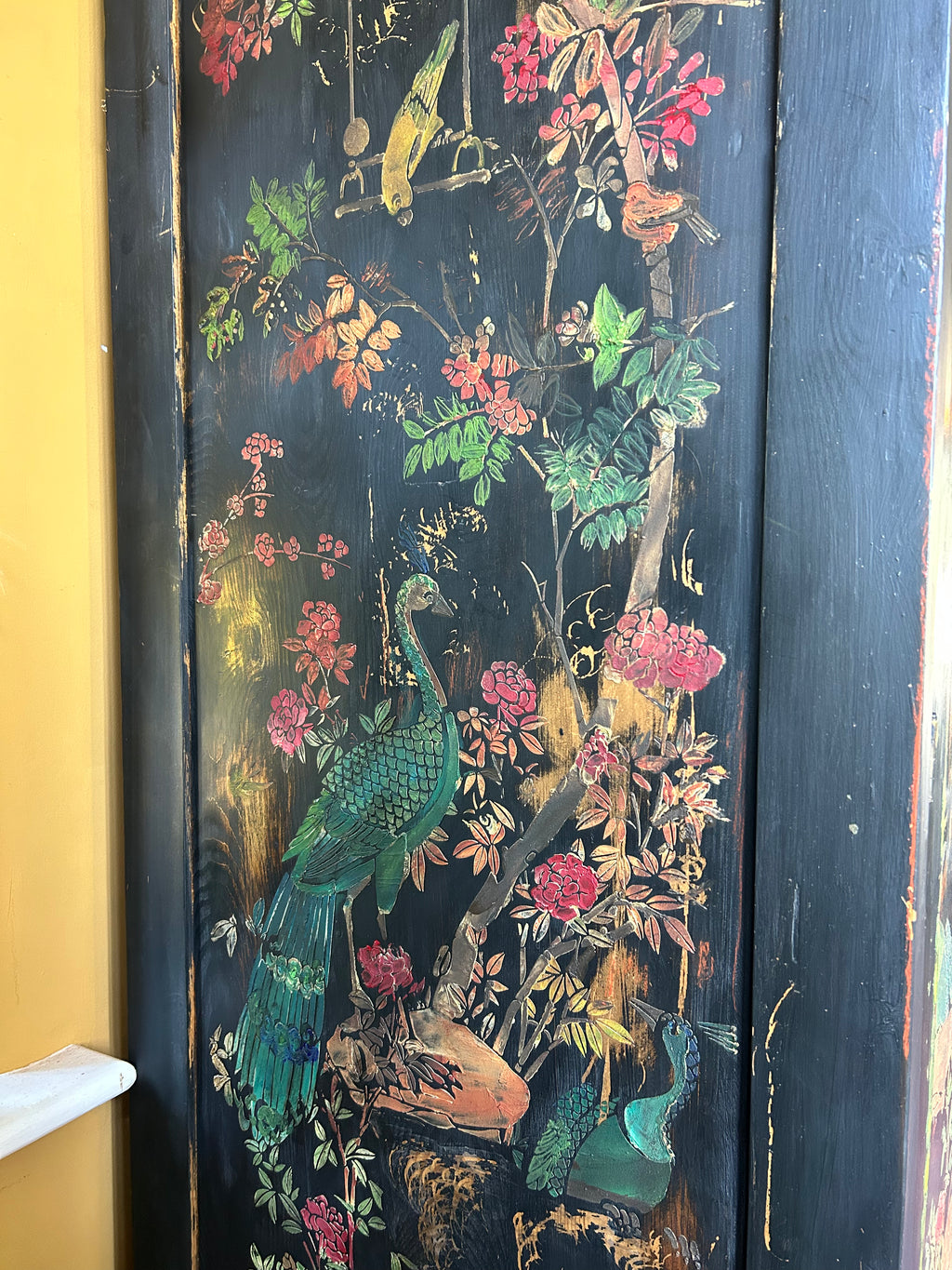 Vintage Painted Pine Wardrobe with Inlaid Chinoiserie