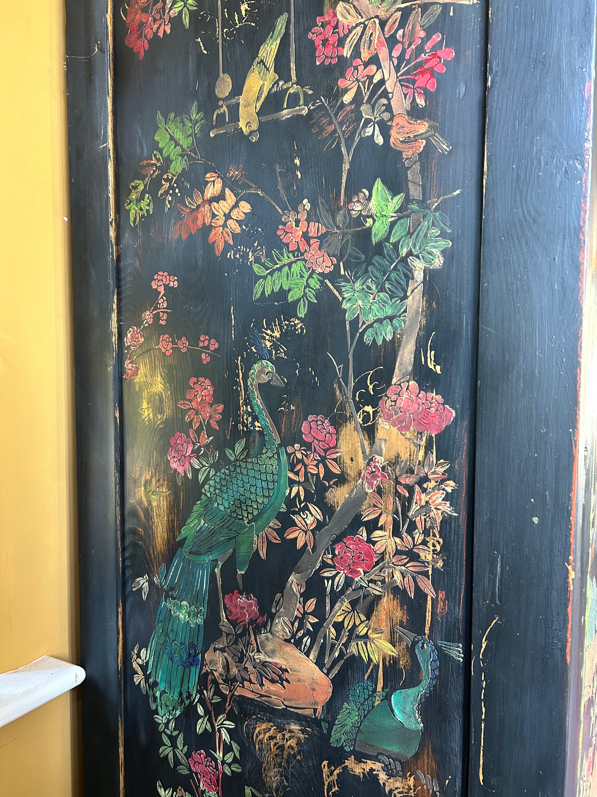 Vintage Painted Pine Wardrobe with Inlaid Chinoiserie