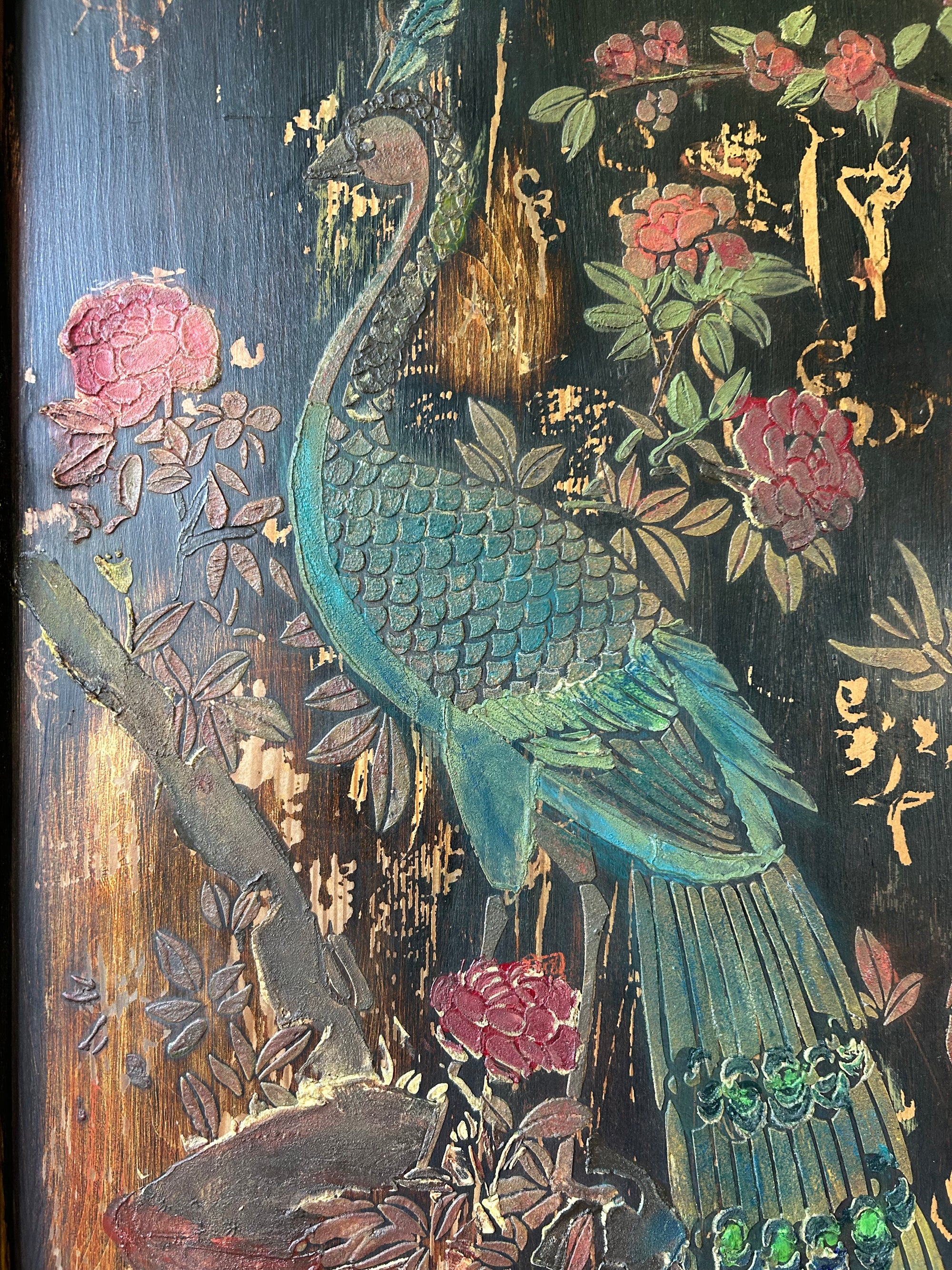 Vintage Painted Pine Wardrobe with Inlaid Chinoiserie