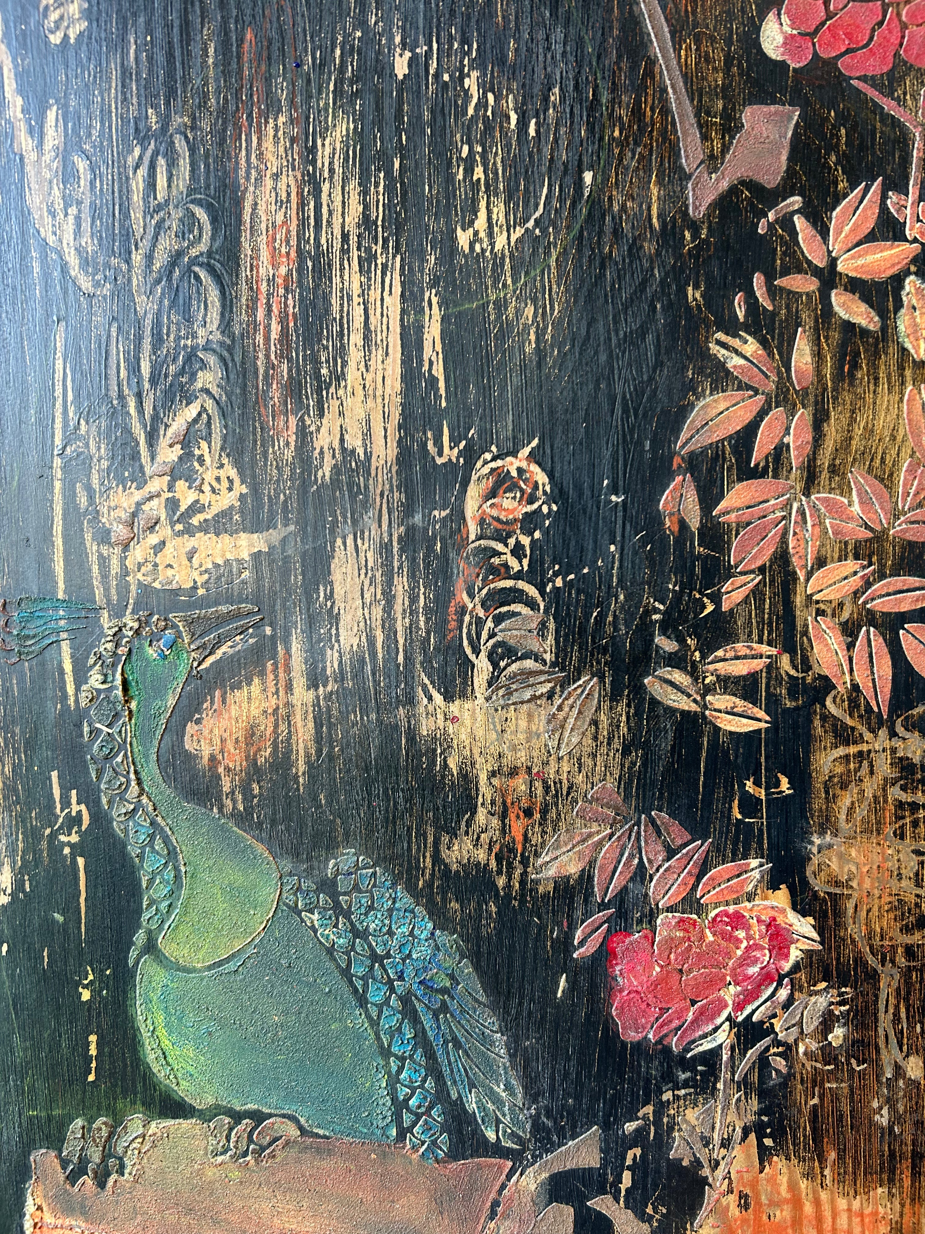 Vintage Painted Pine Wardrobe with Inlaid Chinoiserie