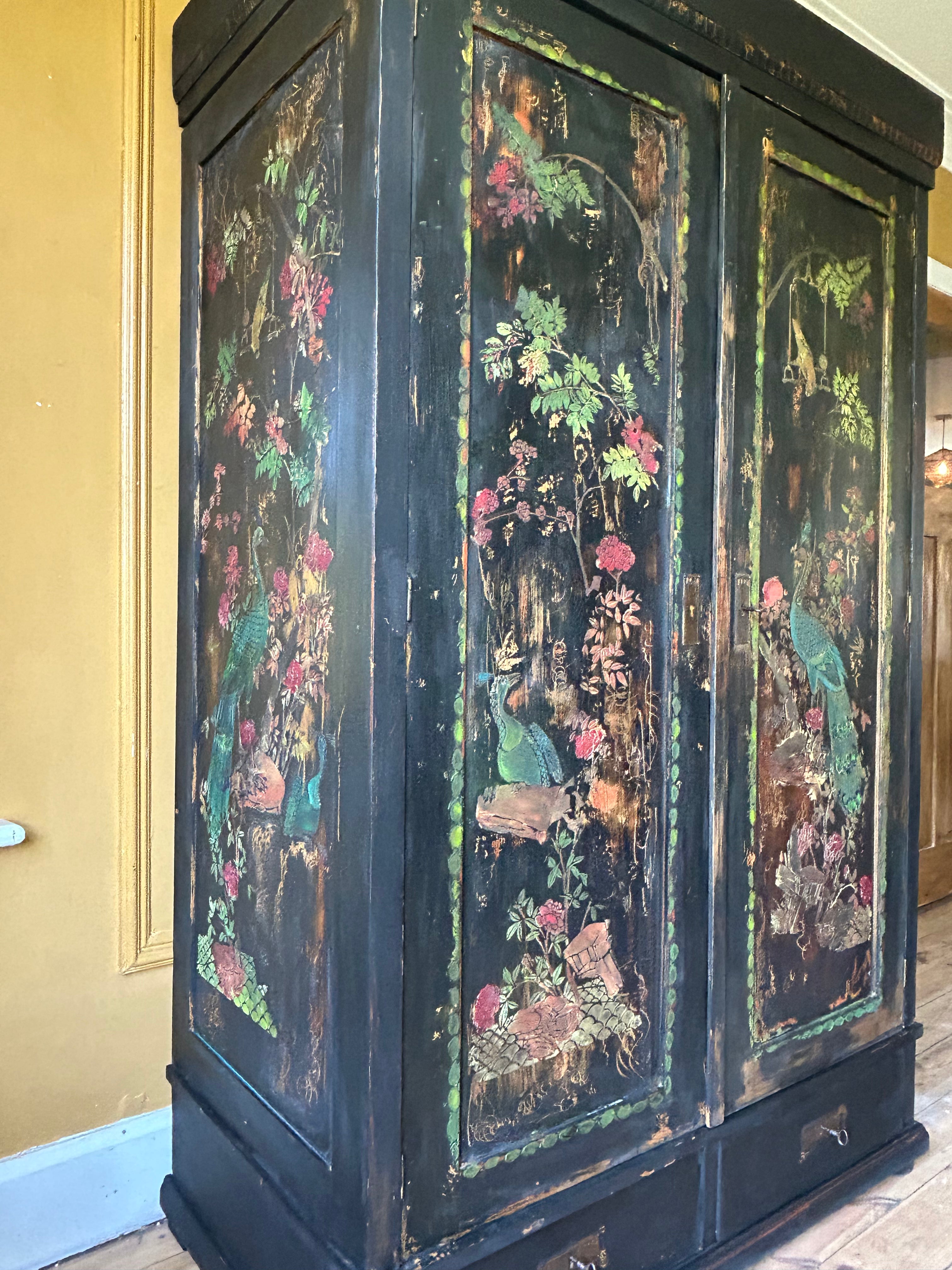 Vintage Painted Pine Wardrobe with Inlaid Chinoiserie