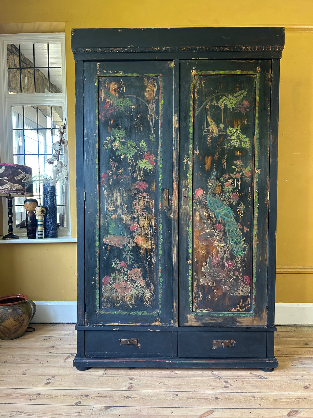 Vintage Painted Pine Wardrobe with Inlaid Chinoiserie
