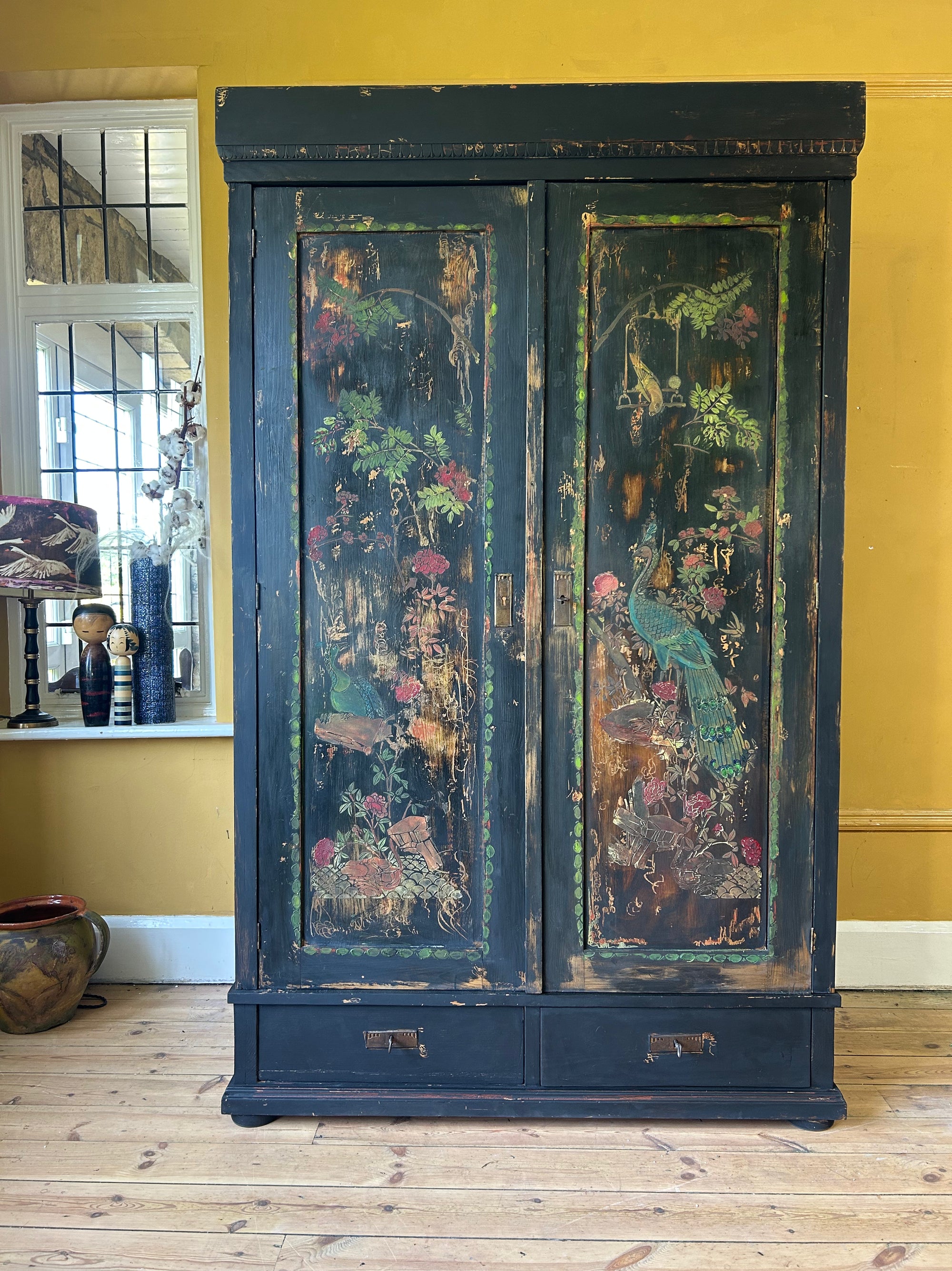 Vintage Painted Pine Wardrobe with Inlaid Chinoiserie