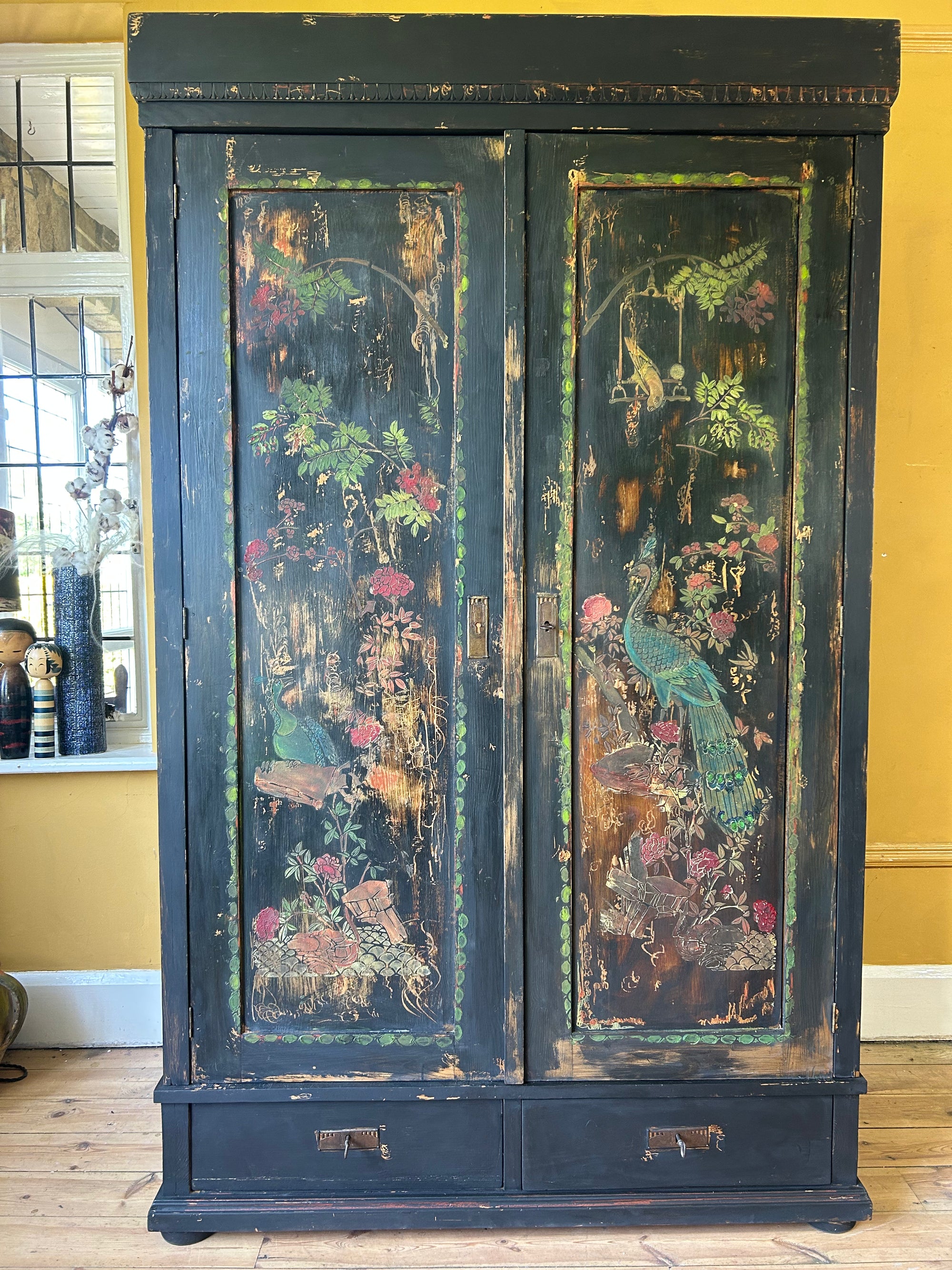 Vintage Painted Pine Wardrobe with Inlaid Chinoiserie