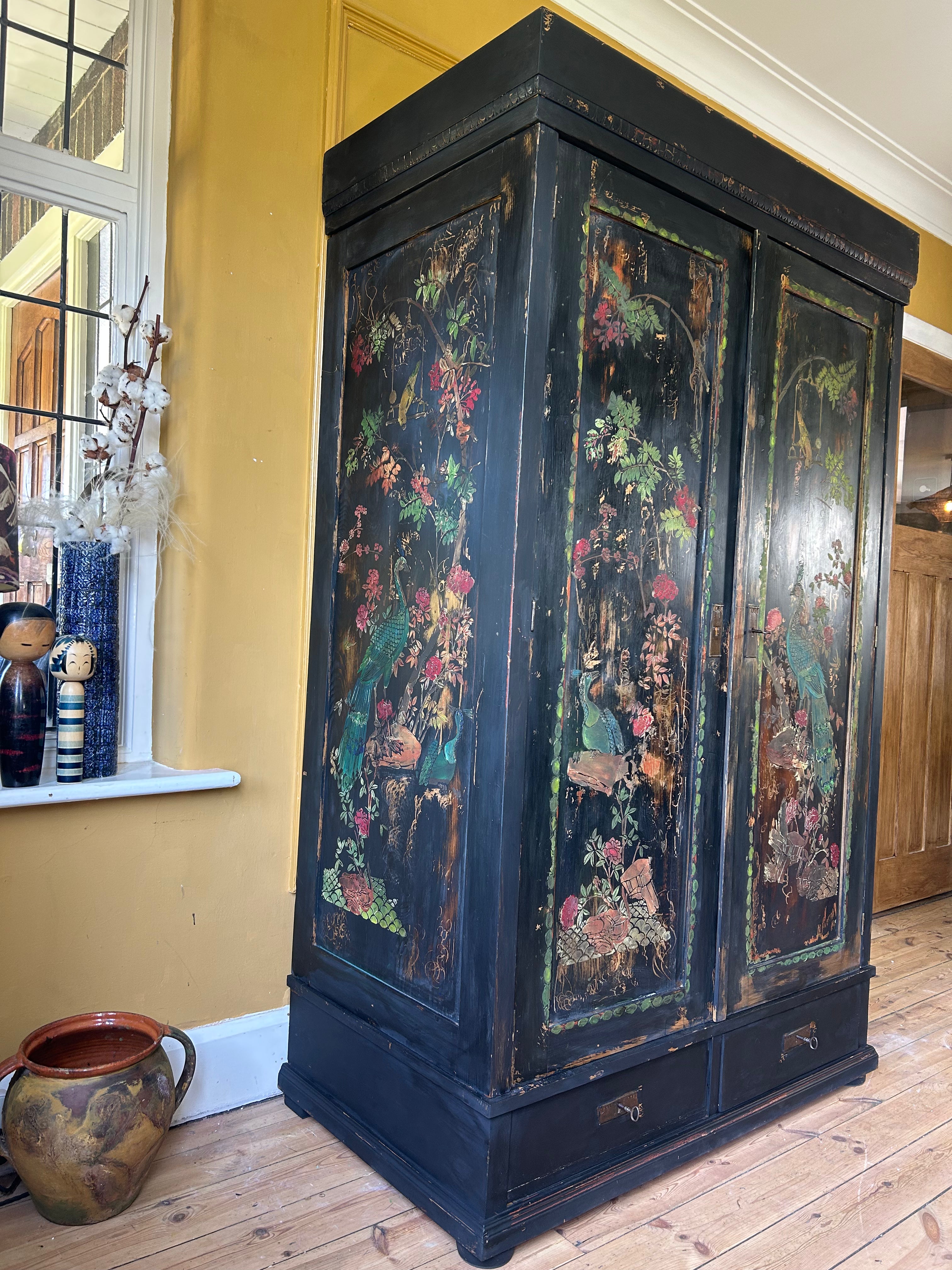 Vintage Painted Pine Wardrobe with Inlaid Chinoiserie