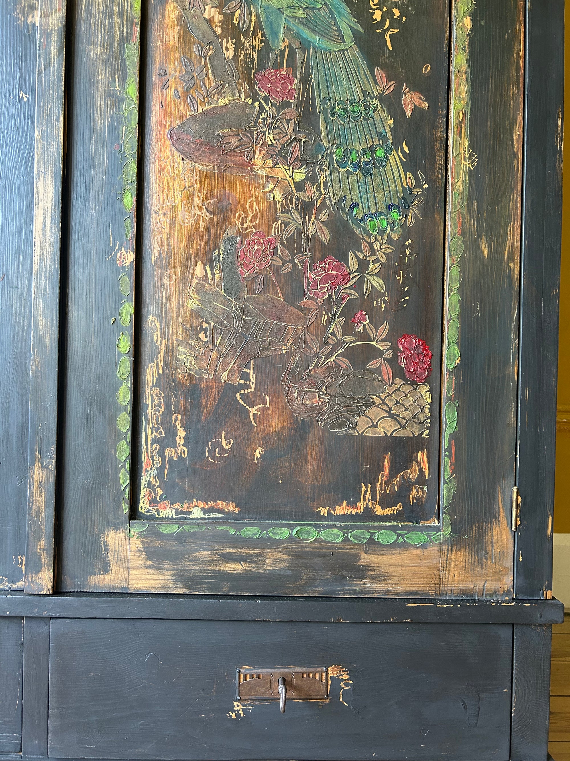 Vintage Painted Pine Wardrobe with Inlaid Chinoiserie