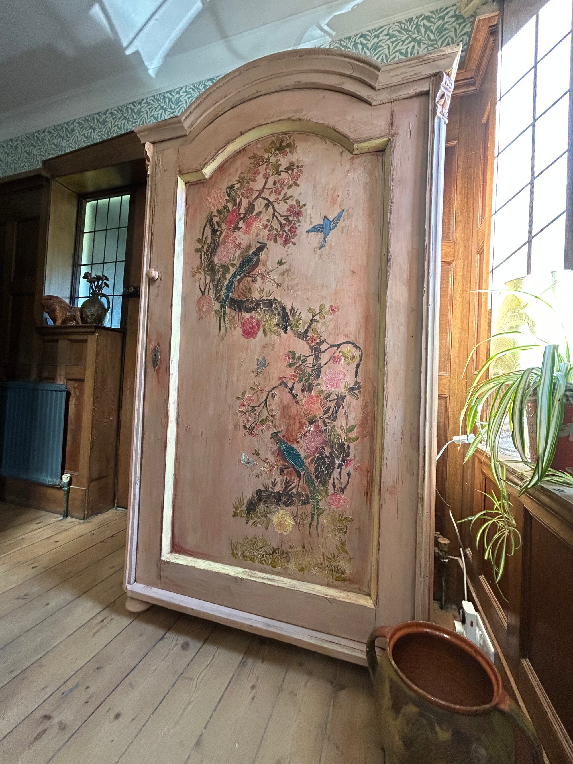 Vintage Painted Pine Wardrobe/Armoire with Inlaid Chinoiserie Panel
