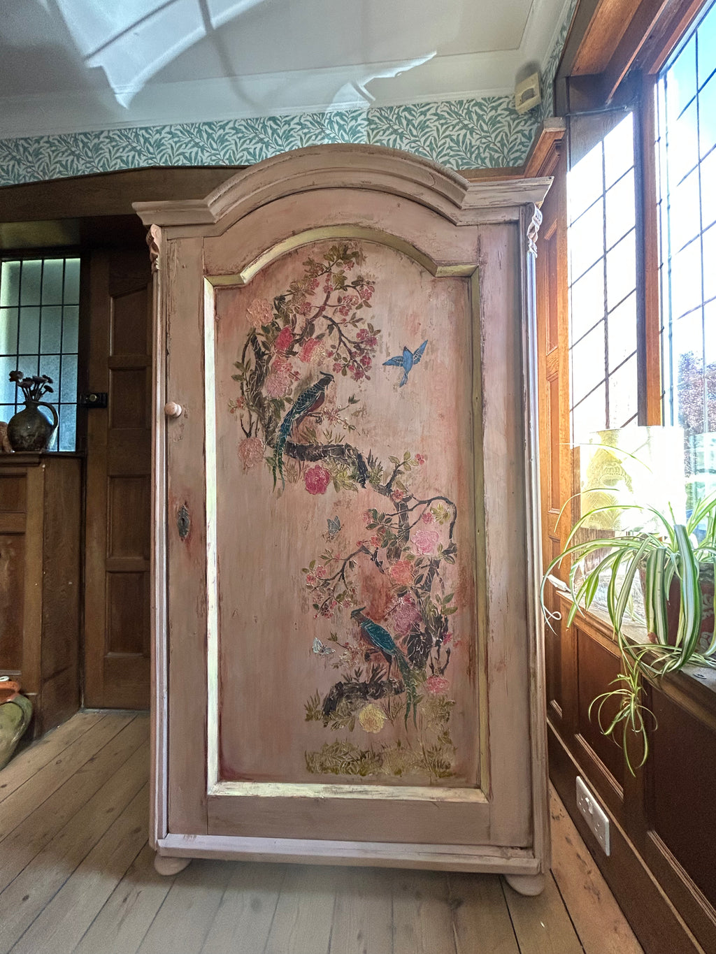 Vintage Painted Pine Wardrobe/Armoire with Inlaid Chinoiserie Panel