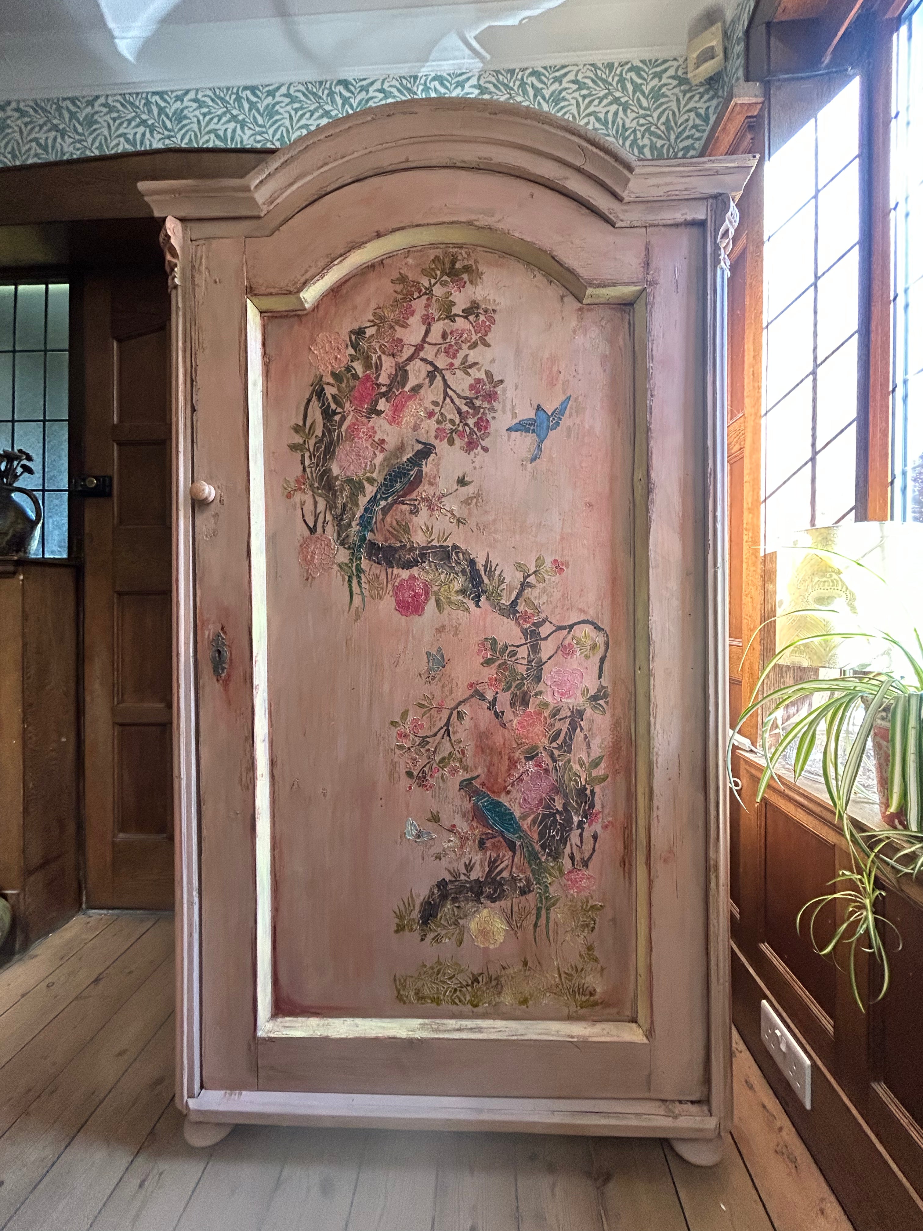 Vintage Painted Pine Wardrobe/Armoire with Inlaid Chinoiserie Panel