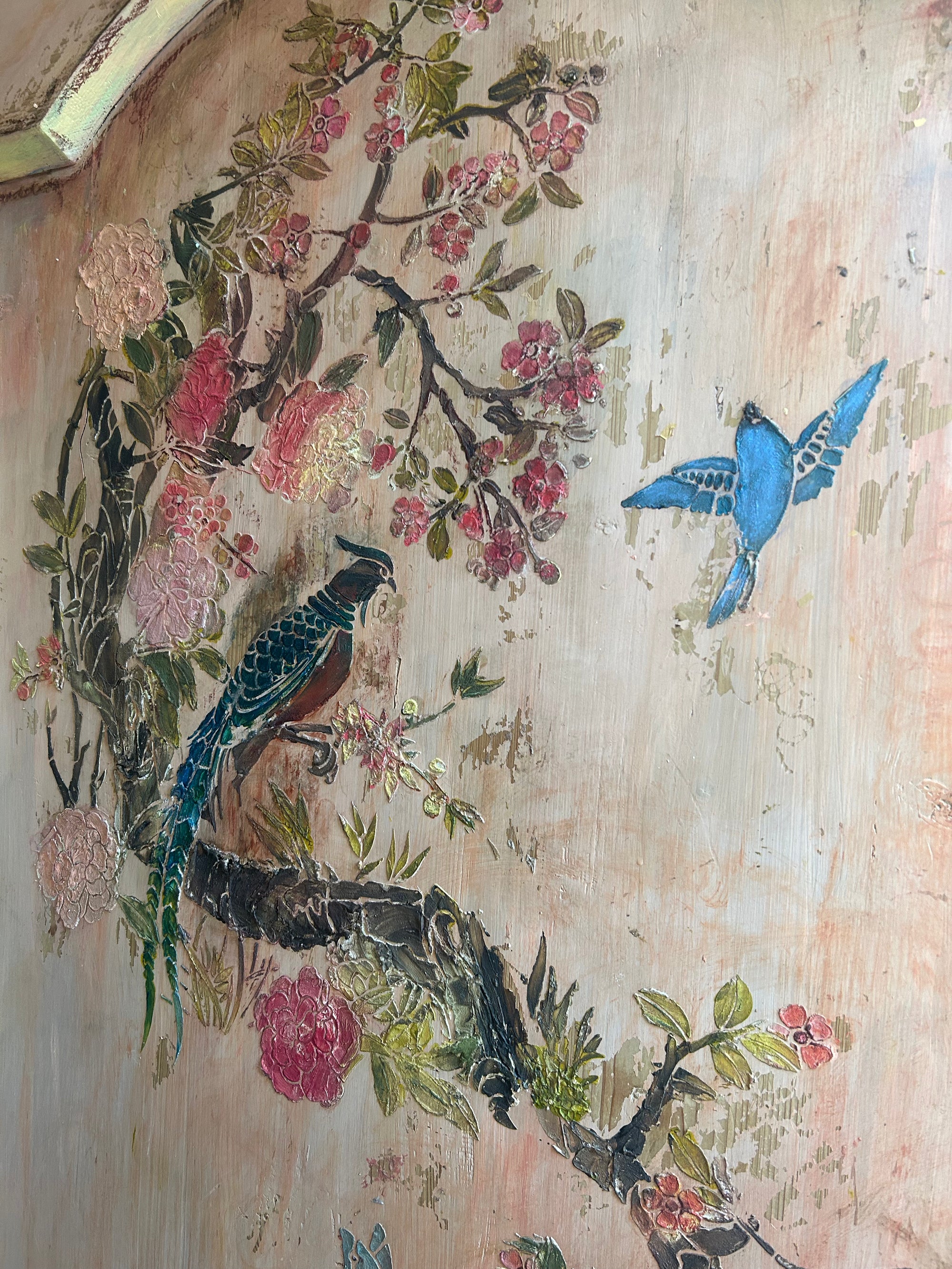 Vintage Painted Pine Wardrobe/Armoire with Inlaid Chinoiserie Panel