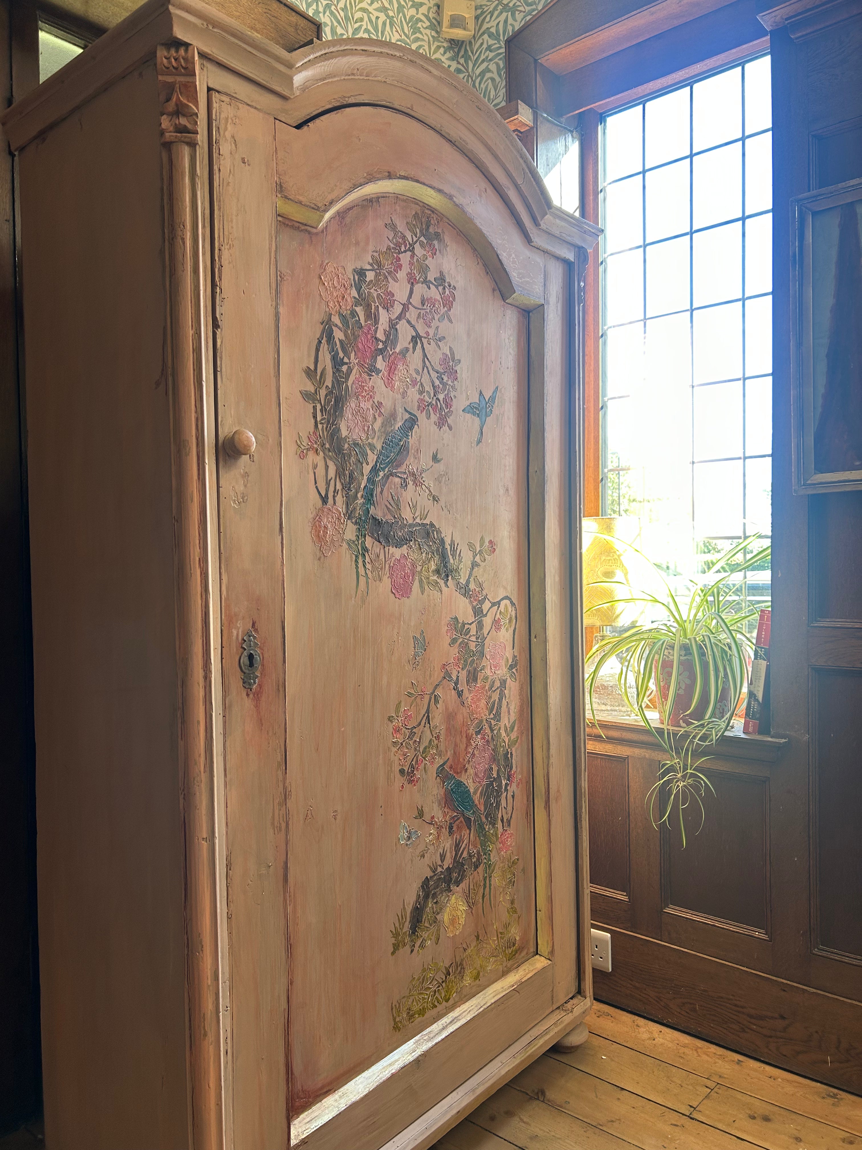 Vintage Painted Pine Wardrobe/Armoire with Inlaid Chinoiserie Panel