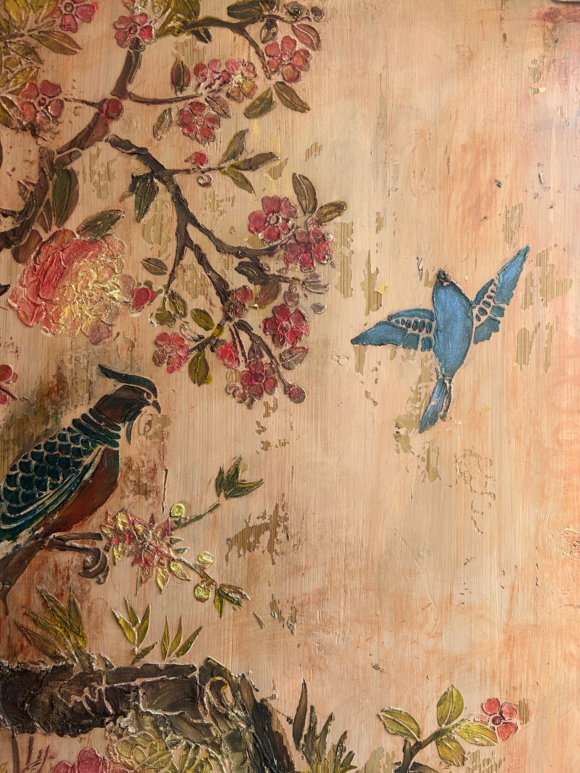 Vintage Painted Pine Wardrobe/Armoire with Inlaid Chinoiserie Panel