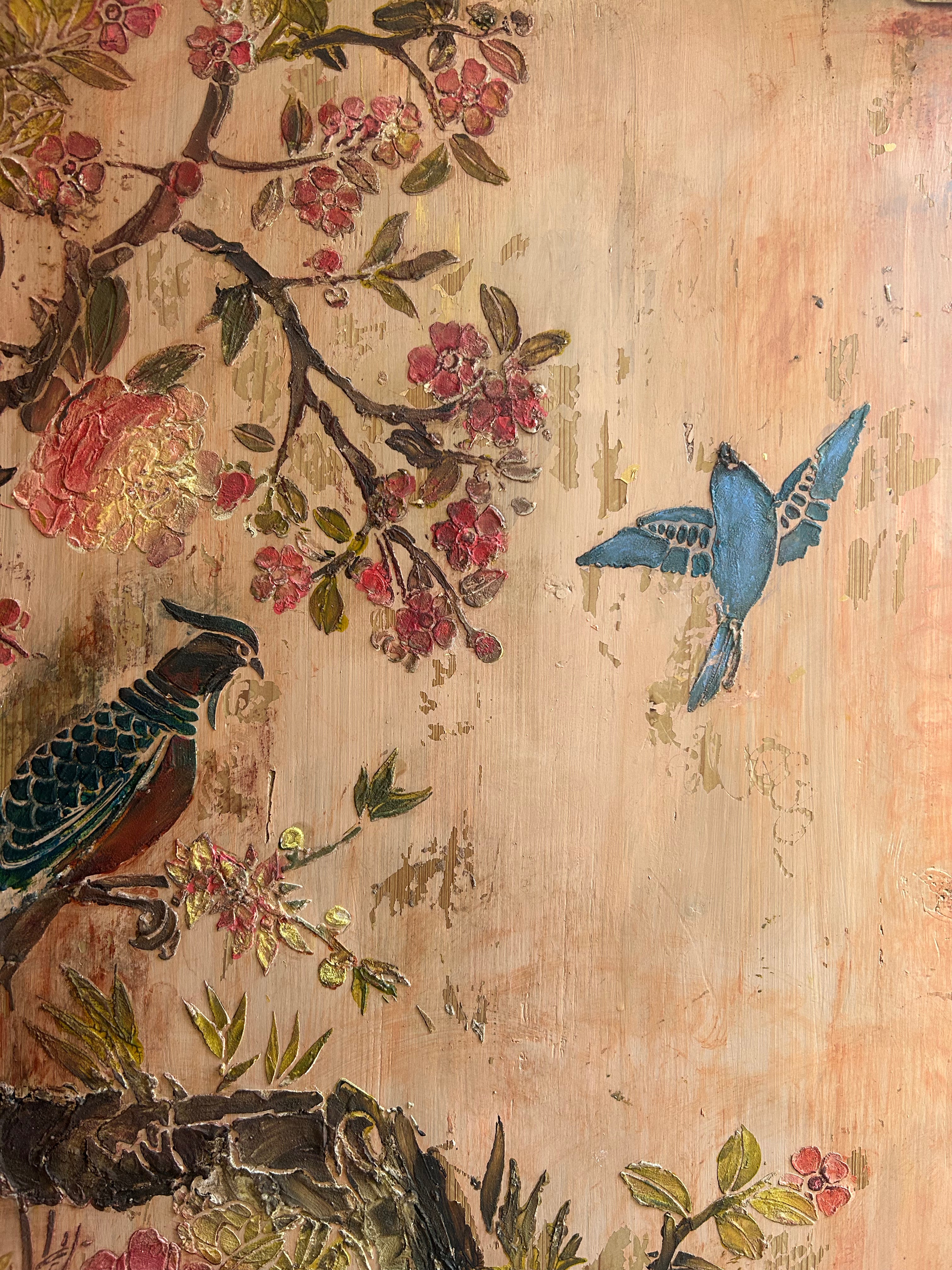 Vintage Painted Pine Wardrobe/Armoire with Inlaid Chinoiserie Panel