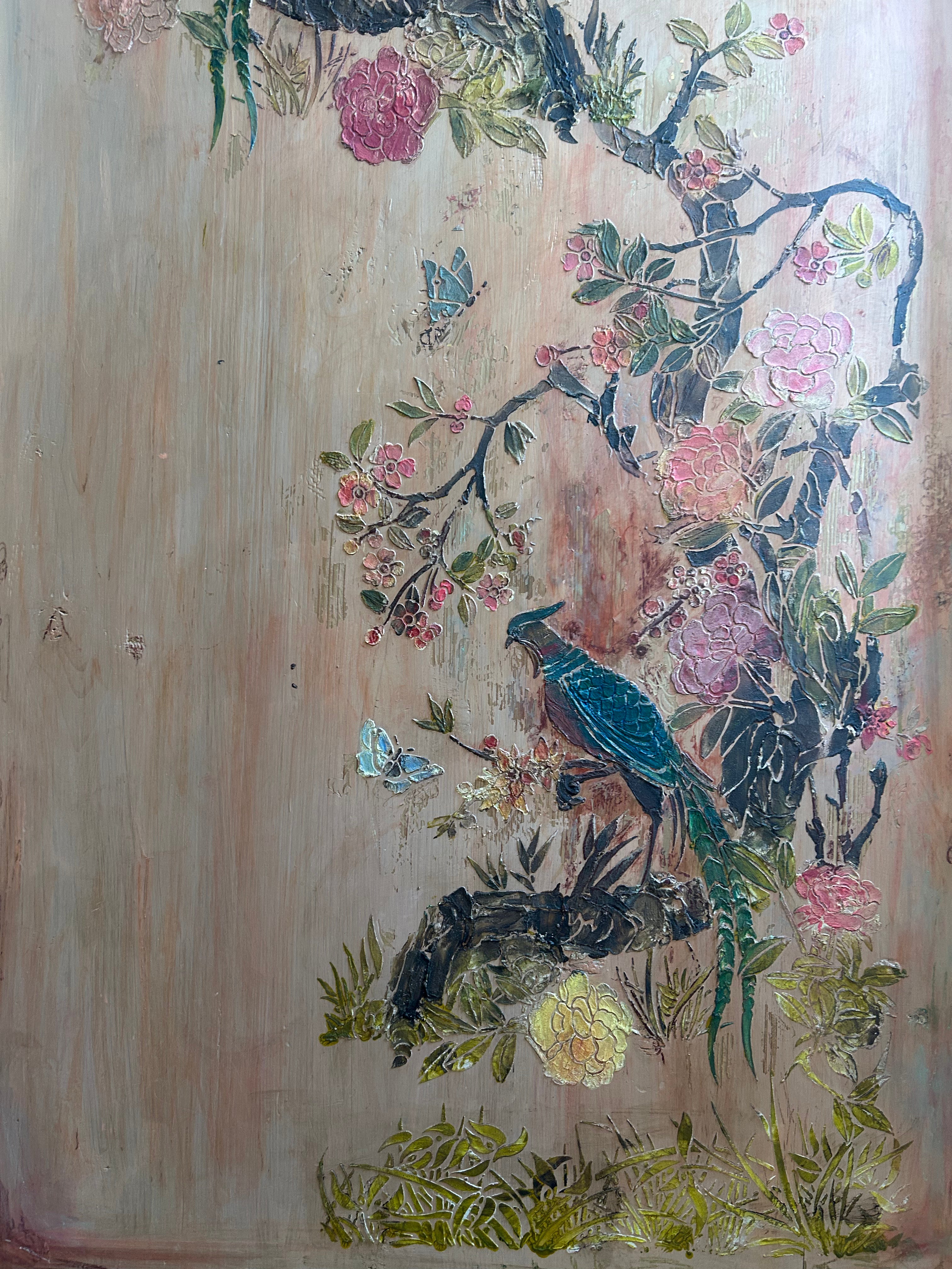 Vintage Painted Pine Wardrobe/Armoire with Inlaid Chinoiserie Panel