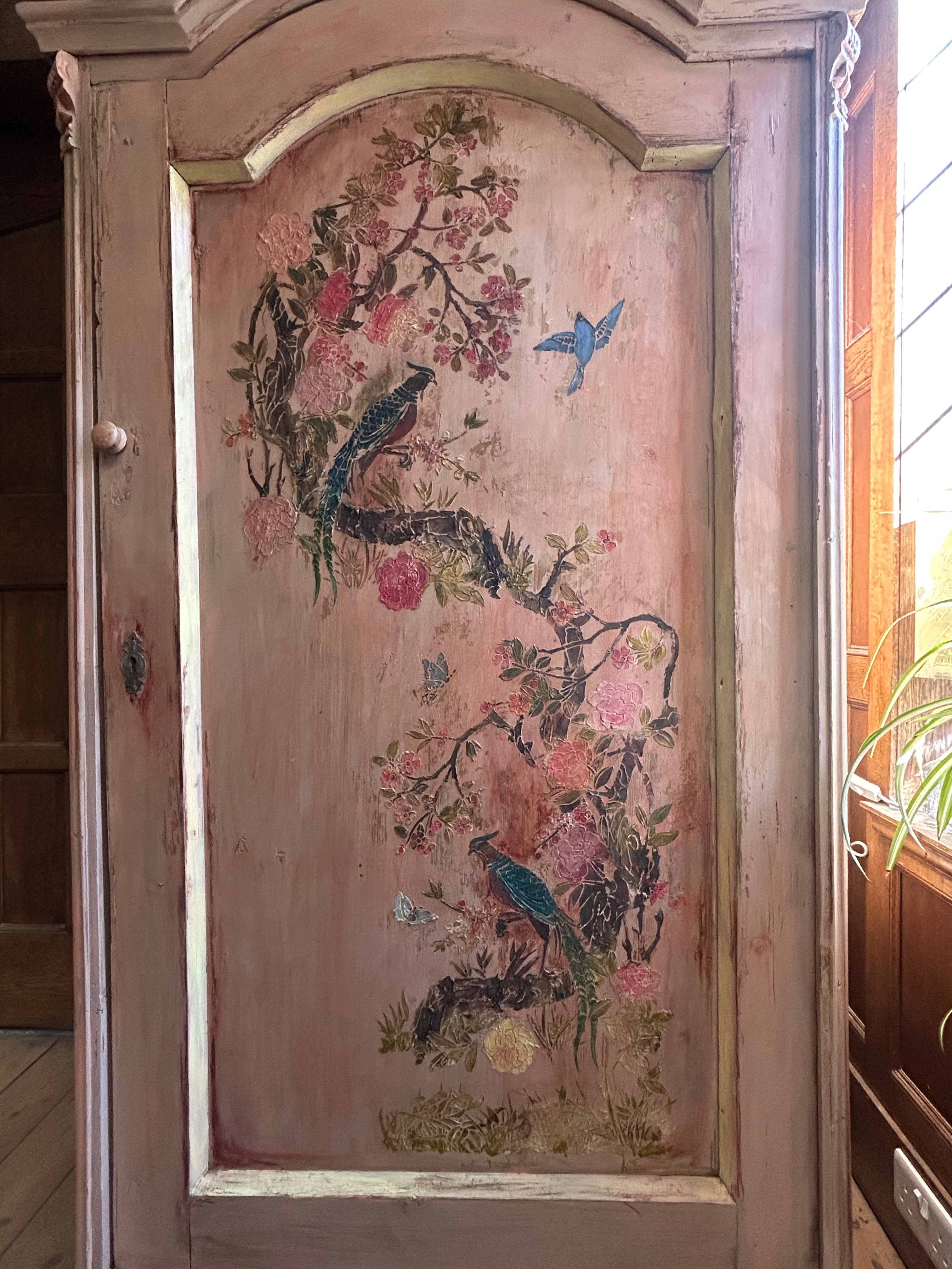 Vintage Painted Pine Wardrobe/Armoire with Inlaid Chinoiserie Panel