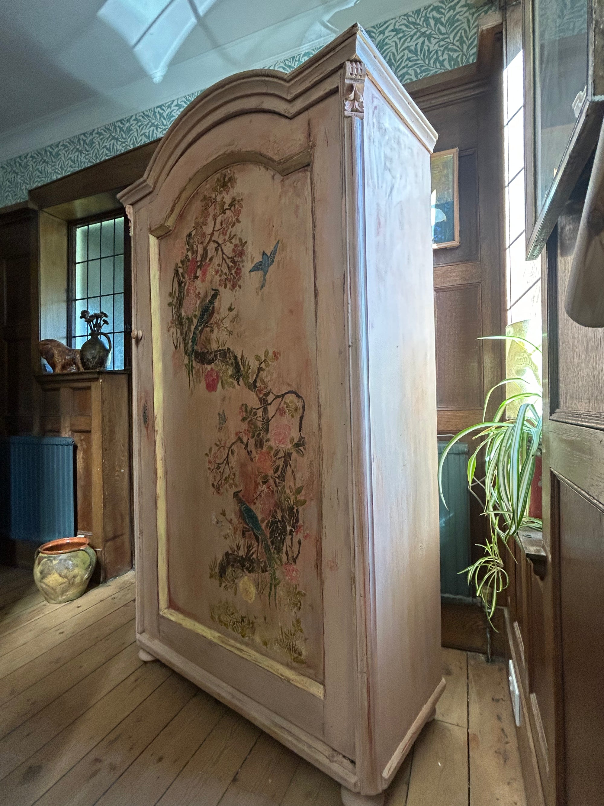 Vintage Painted Pine Wardrobe/Armoire with Inlaid Chinoiserie Panel