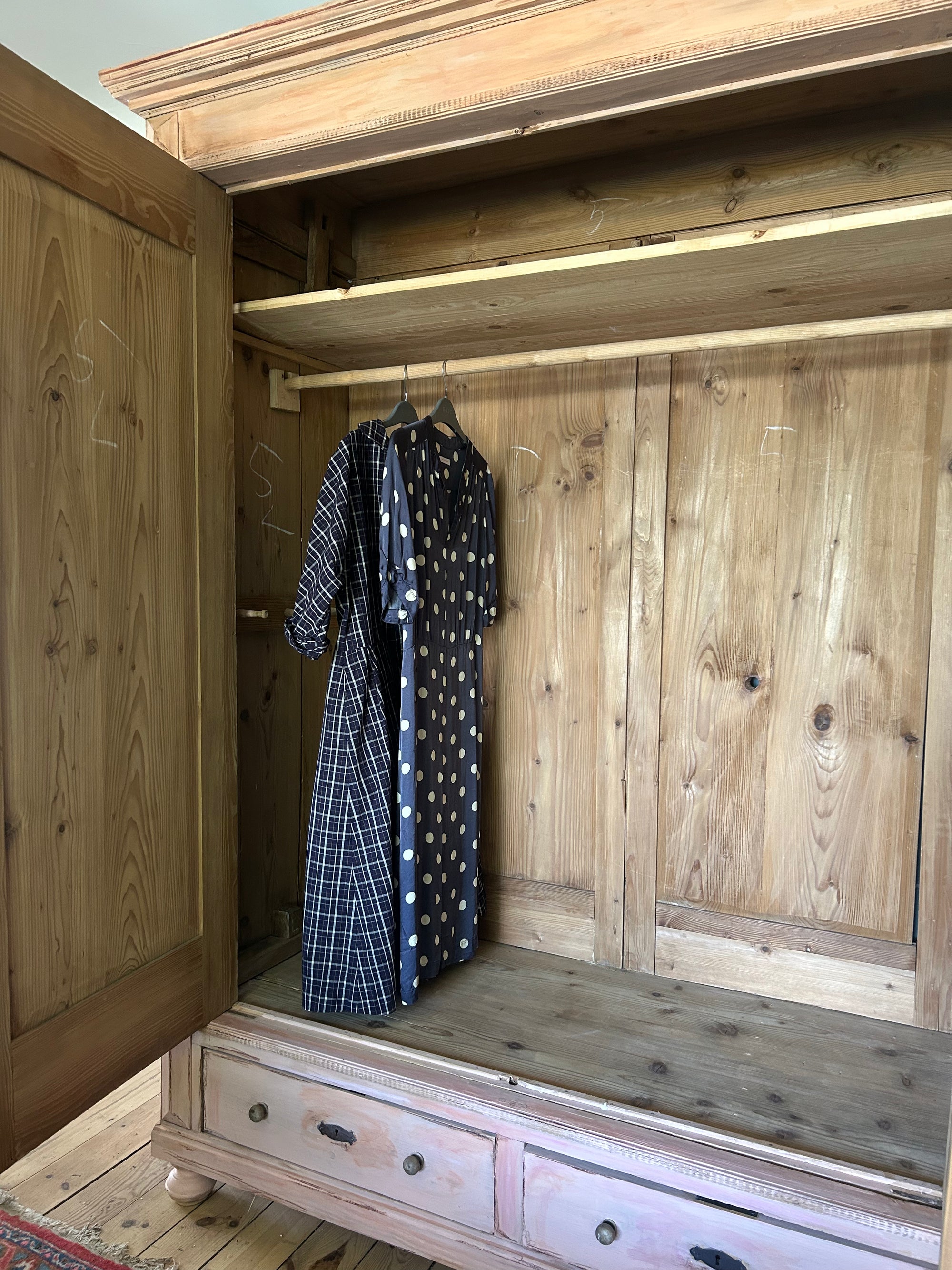 Vintage Painted Pine Double Wardrobe with Inlaid Chinoiserie Panels